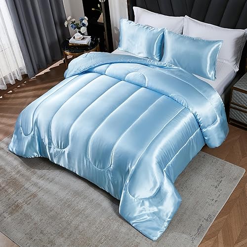 Miniatura 3 de Juego de edredón blanco de satén, edredón de plumón alternativo blanco plateado, relleno de poliéster sedoso de lujo, edredón de cama de satén de