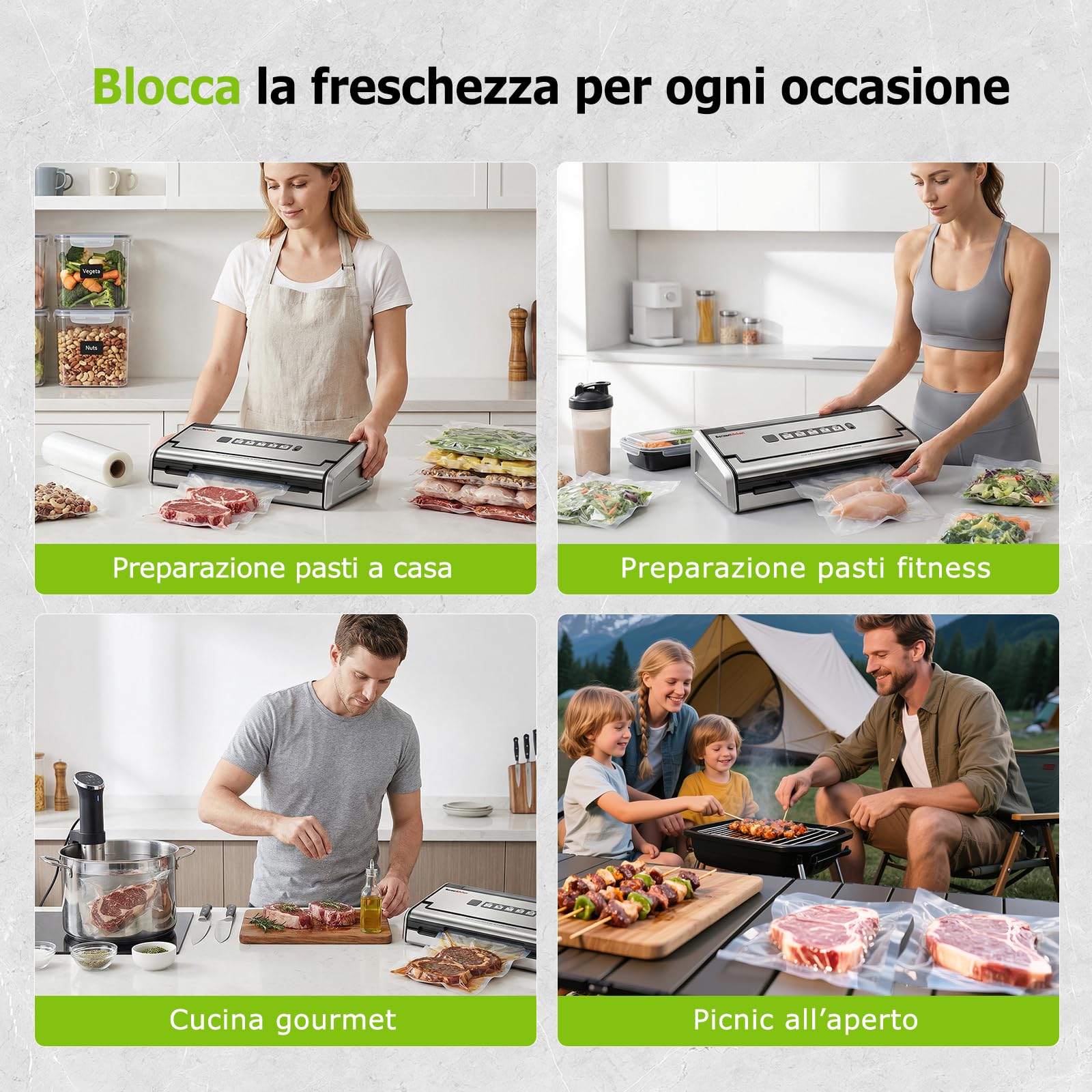Bonsenkitchen Macchina Sottovuoto, Sigillatura Larga 5mm Antigoccia, Acciaio Inox, Una Mano & Pulse Secco/Umido, Macchina Sottovuoto ad Alte Prestazioni incl. 1 Rotolo & 10 Sacchetti, VS4200