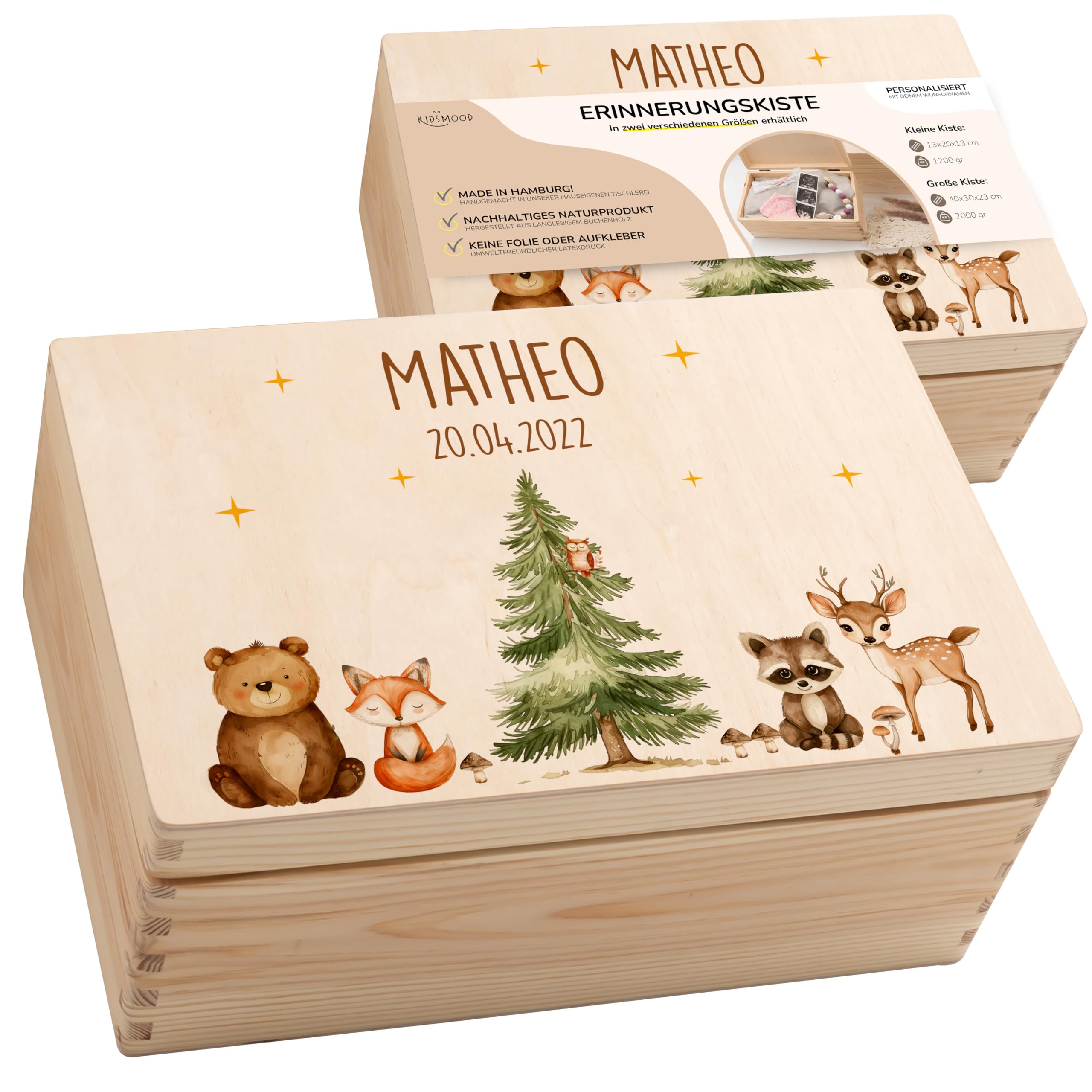 KIDSMOOD - Erinnerungsbox Baby, personalisierte Holzkiste mit Deckel, Ideal zur Aufbewahrung von Erinnerungen und als Geschenk zur Geburt, Taufe oder als Geburtstagsgeschenk für Mädchen und Jungen