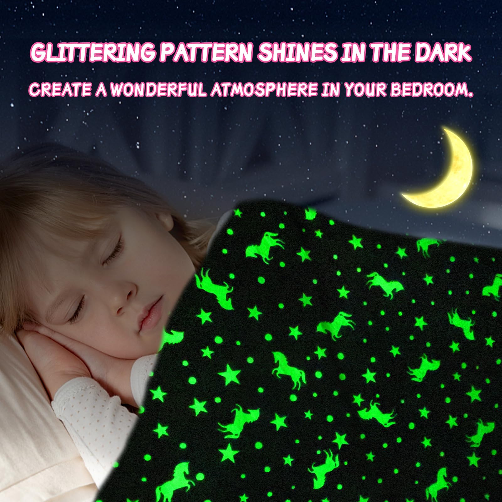 HZVRTN Unicorn Blanket, Glow in the Dark Children's Cuddly Blanket, Gift for Girls Pink, Soft and Warm - Image 2