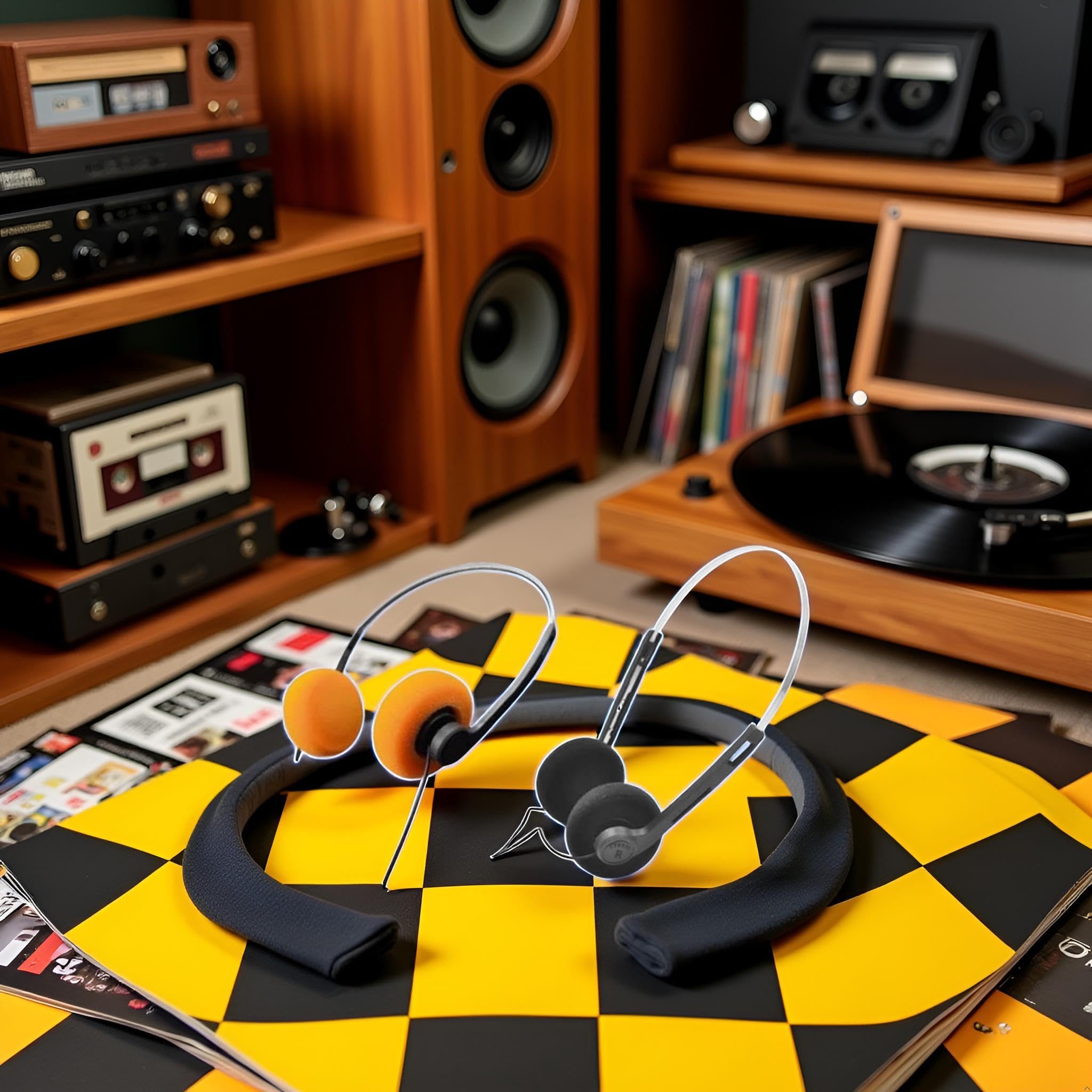 2 auriculares retro en la oreja naranja y negro, auriculares estéreo con cable, auriculares portátiles ligeros con diadema ajustable, reproductor de cassette, sobre la oreja