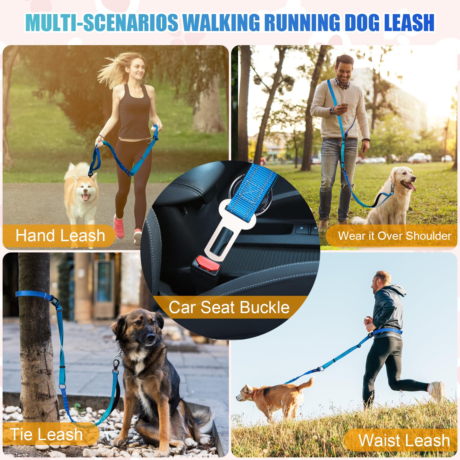 Correa de perro resistente manos libres, cinturón reflectante ajustable de 5 a 7 pies con asas acolchadas, elástico que absorbe los golpes y cinturón de seguridad para perros grandes y medianos
