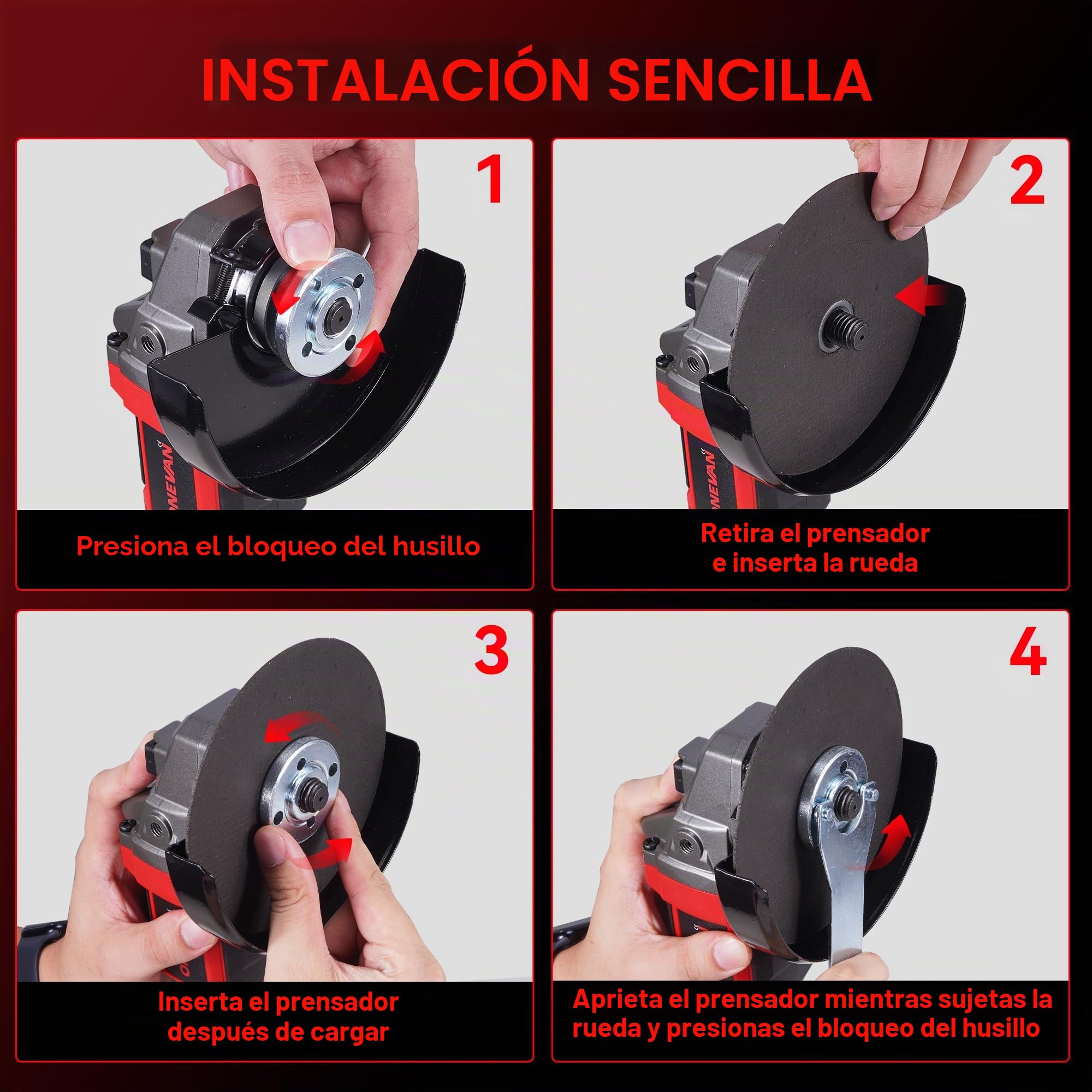 ONEVAN Amoladora Angular Inalámbrica 125mm 20V, Motor Sin Escobillas 8000 RPM con 2 Baterías 4.0Ah, Amoladora con Tapa de Bloqueo Rápido y Mango Antivibración Profesional