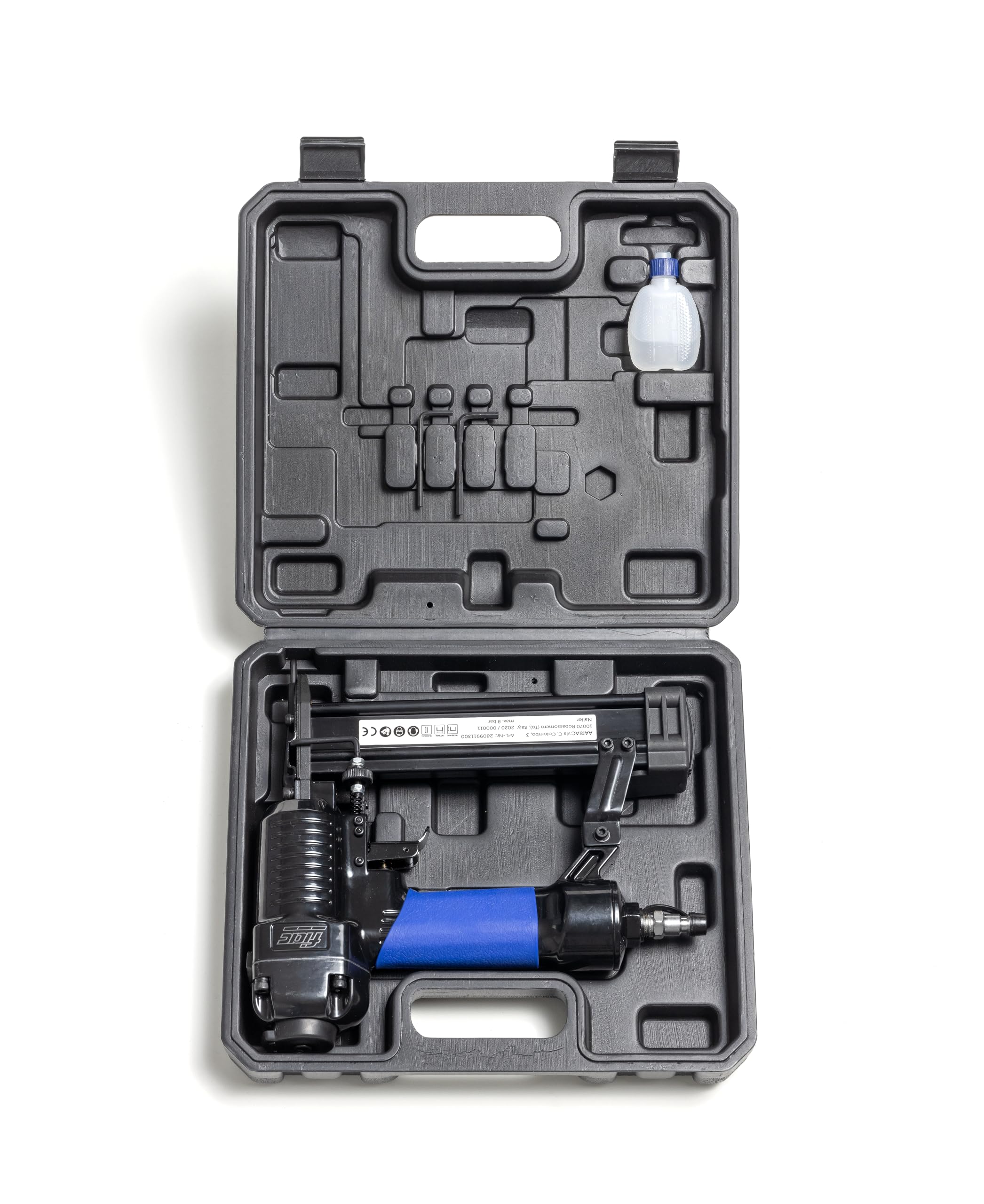 FIAC Agrafeuse Cloueuse Pneumatique, Adaptée pour Agrafes 16-32 mm et Clous 15-32 mm, Inclut Mallette de Transport, Bouteille d'Huile, Pression Max 7 Bar