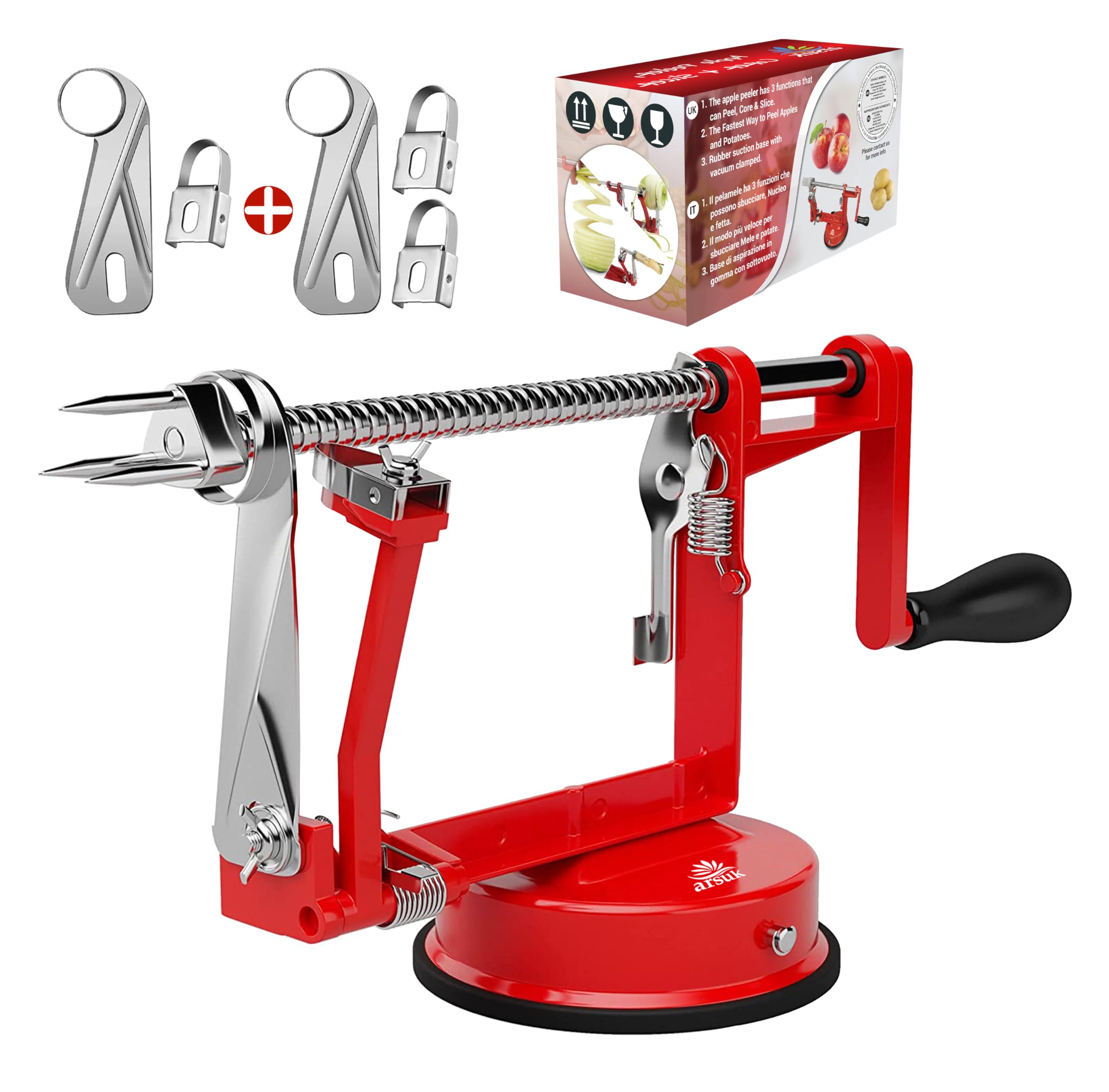 Pelador de Manzanas 3 en 1 Manual - Pelador Manzana, Descorazonador y Cortador con Base Antideslizante, Cuchillas Ajustables Acero Inoxidable para Manzanas (Extra 2 Cuchillas & 1 Descorazonador)
