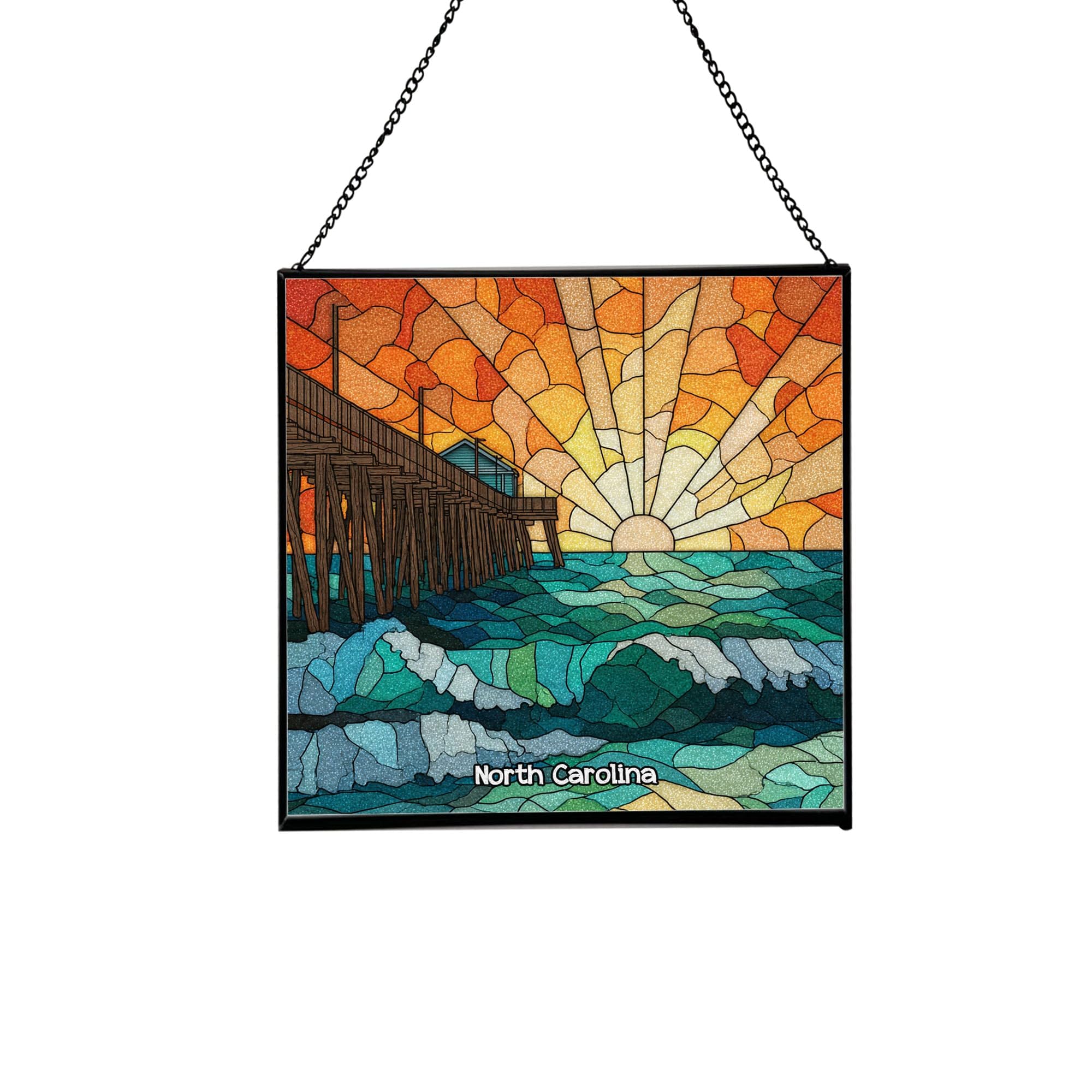 Rodanthe-North Carolina Landmark Stained Glass Suncatcher – Square Hanging Window Panel for Travel Lovers – Scenic Glass Art Décor for Home, Office, Halloween, Christmas Ri8ft5