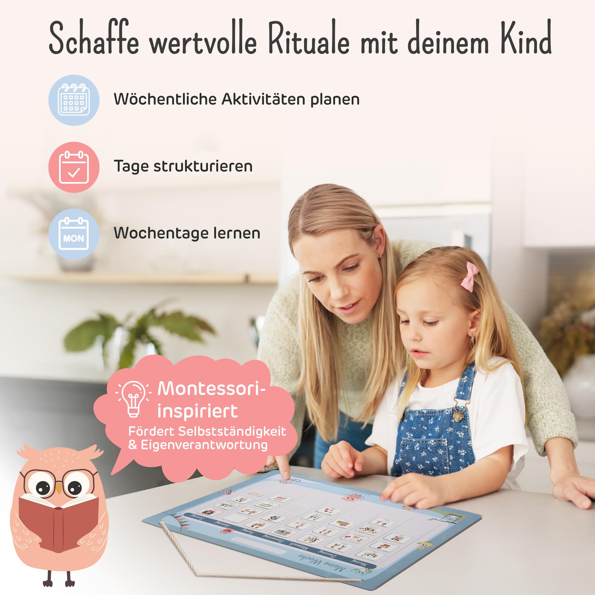 Wochenplaner Kinder - Montessori Magnettafel, 211 Magnete, beschreib- & abwischbar - Wochenplan Kinder fördert Selbstständigkeit & Struktur - Wochenplaner magnetisch mit Zubehör