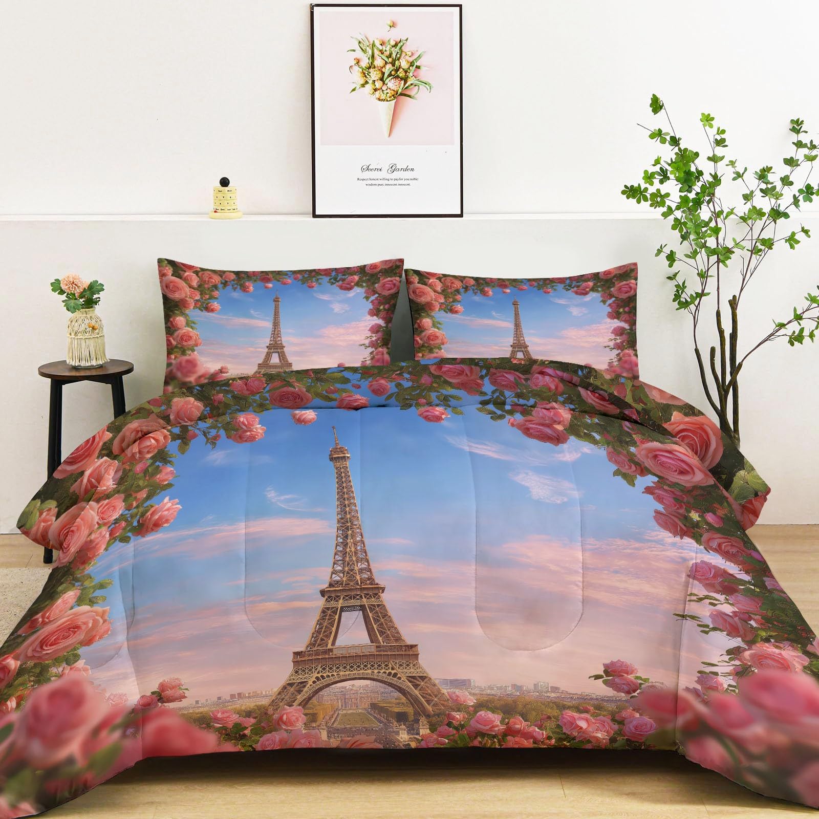 Kołdra 140 x 200 cm Różowe róże Wieża Eiffla Kołdra bez poszwy na 4 pory roku, bardzo miękkie kołdry z nadrukiem dwustronnym dla dzieci Dorośli Dekoracja sypialni, można prać w pralce