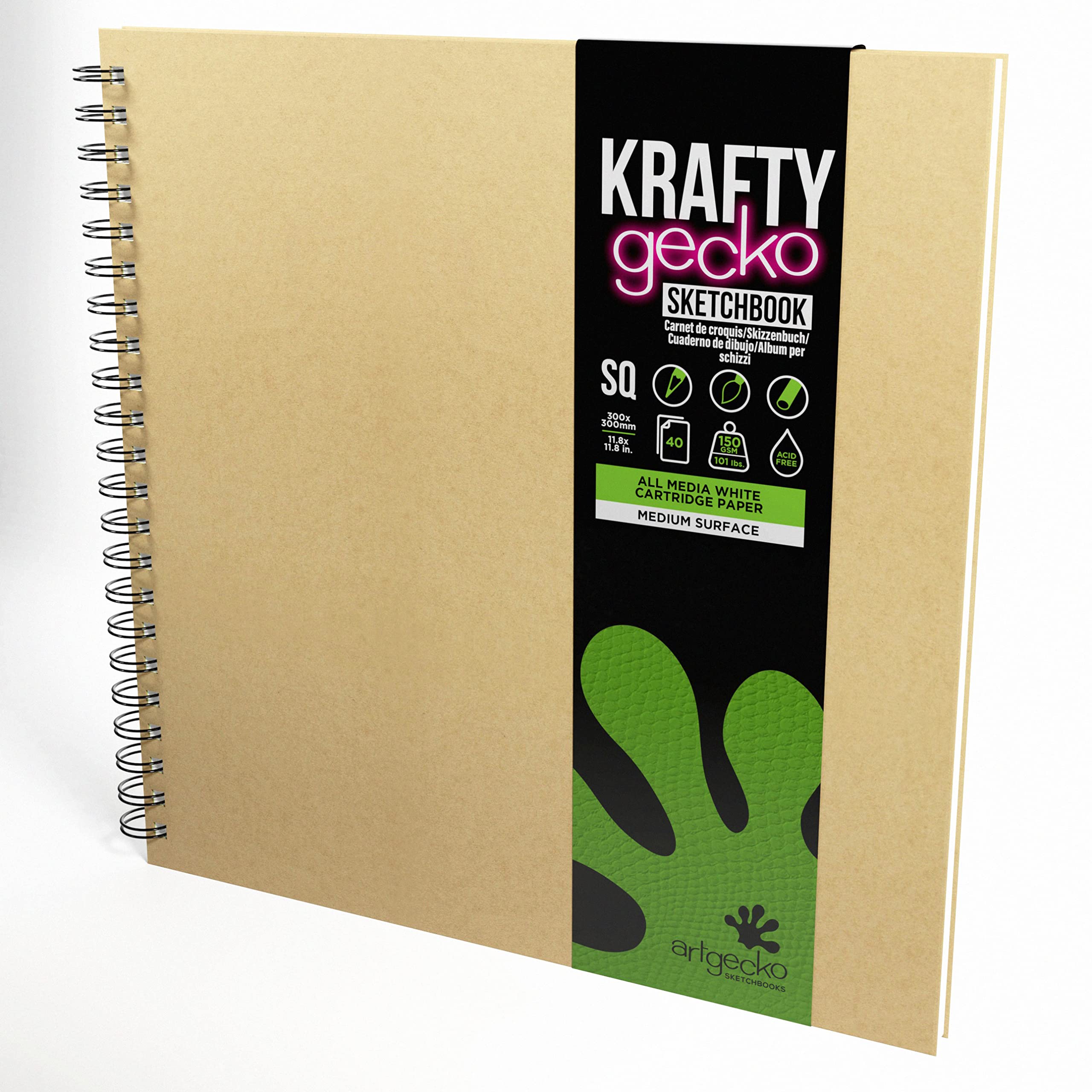 ArtgeckoKrafty Sketchbook (300mm Square) - 80 Pages (40 Sheets) 150gsm Acid Free White Cartridge Paper