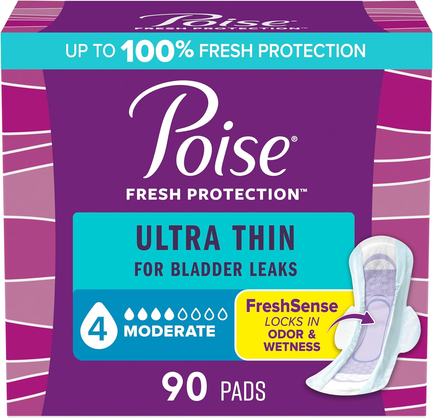 Poise Almohadillas ultrafinas para incontinencia y posparto con alas para fugas de vejiga, absorción moderada de 4 caídas, longitud regular, 90 Poise Almohadillas ultrafinas para incontinencia y posparto con alas para fugas de vejiga, absorción moderada de 4 caídas, longitud regular, 90