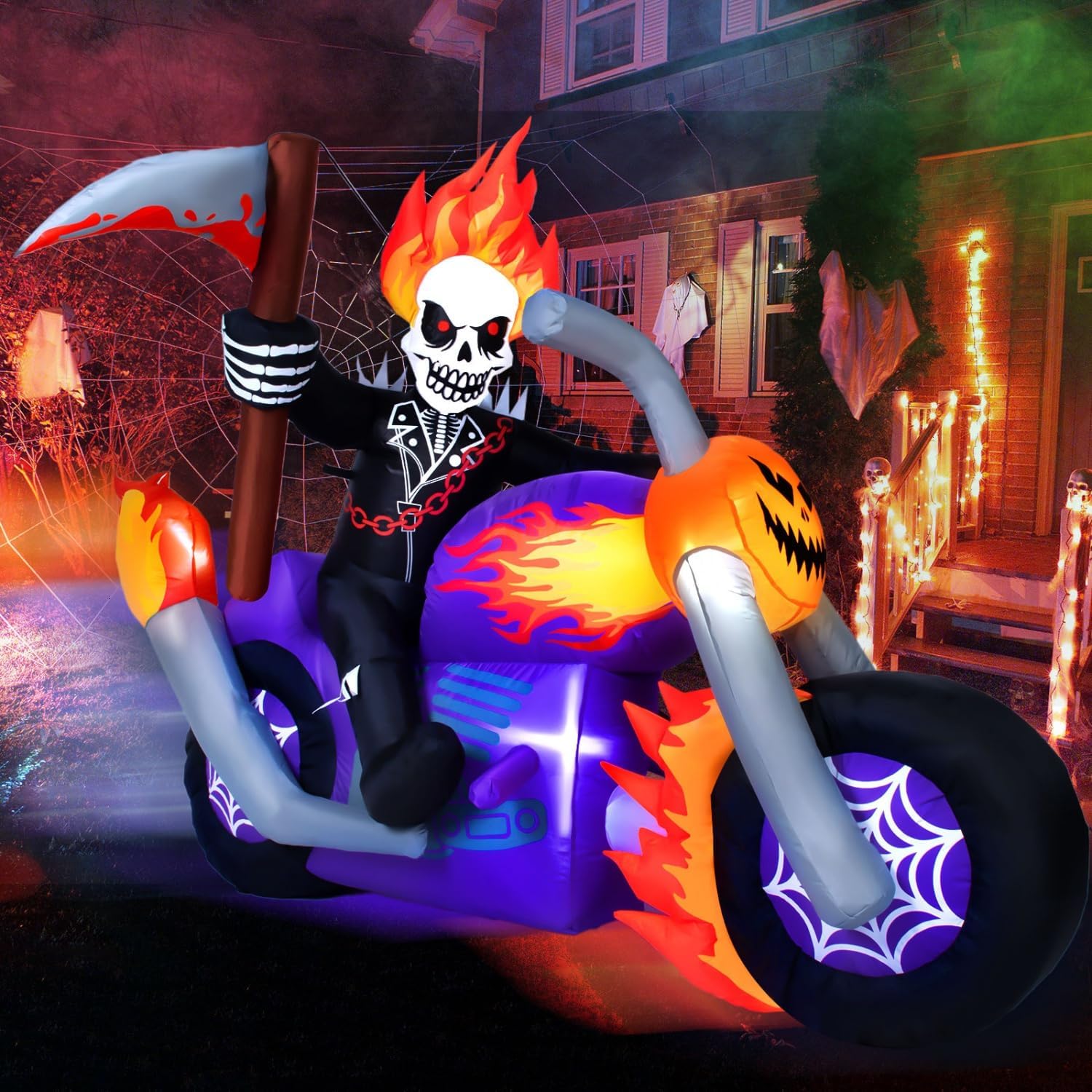 6 FT Halloween Inflatable Grim Reaper Motorcycle Rider Scary Halloween Blow Up Outdoor Decorations Grim Reaper Riding on Motorbike with Built-in LEDs Garden Blow up Yard Decor