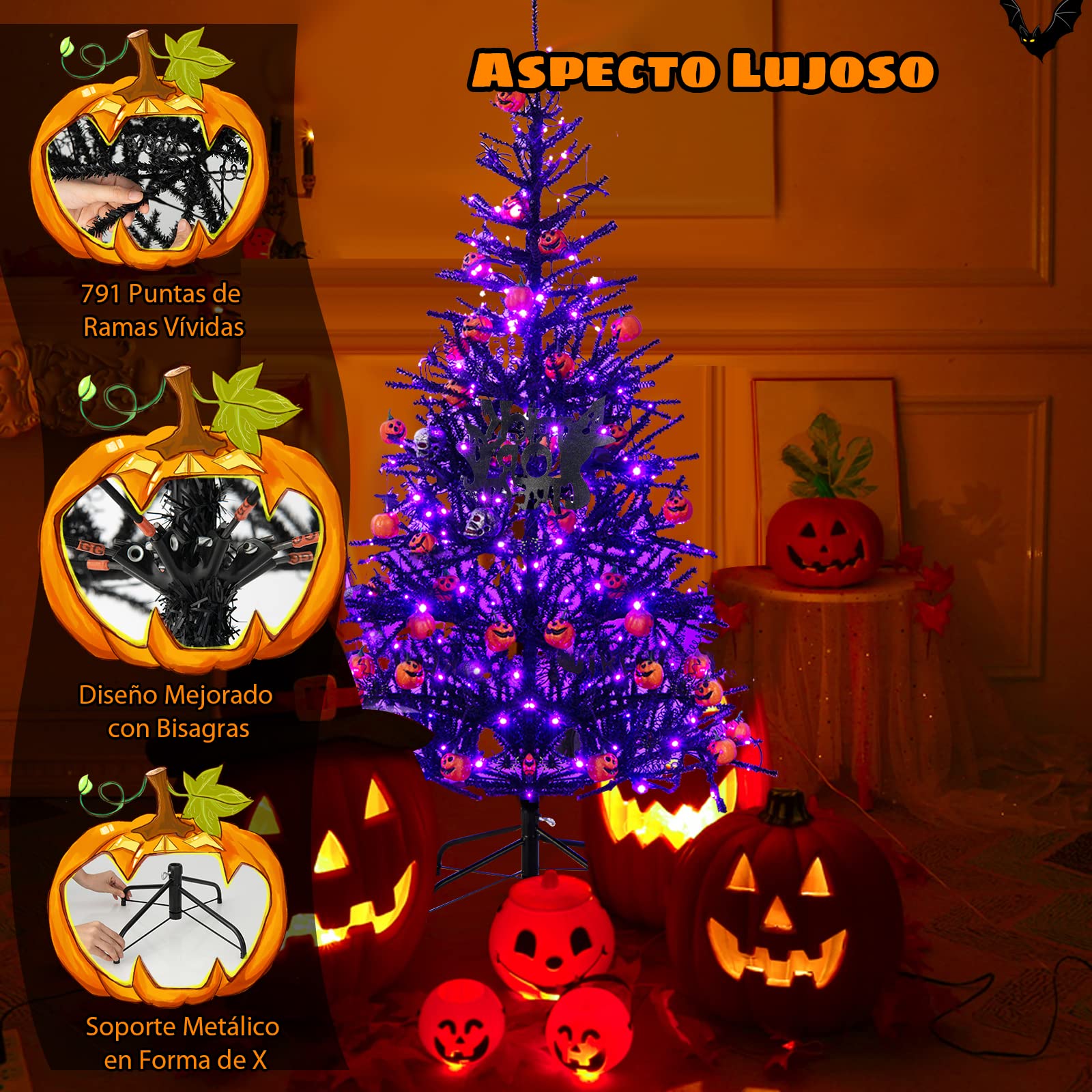 COSTWAY 180 cm Árbol Artificial de Halloween, Árbol de Halloween de Color Negro con 791 Puntas de Rama de PVC, 250 Luces LED y Adornos, Árbol Artificial Hogar, Oficina, Escuela, Instalación Rápida