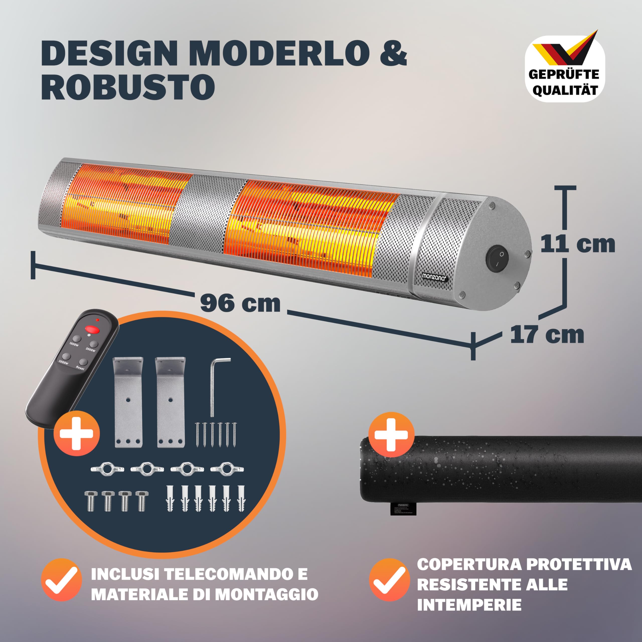 MONZANA® Stufa Elettrica a Infrarossi 3 Livelli di Calore 3000W Inclinabile di 90° Telecomando App IP55 Stufetta Fungo