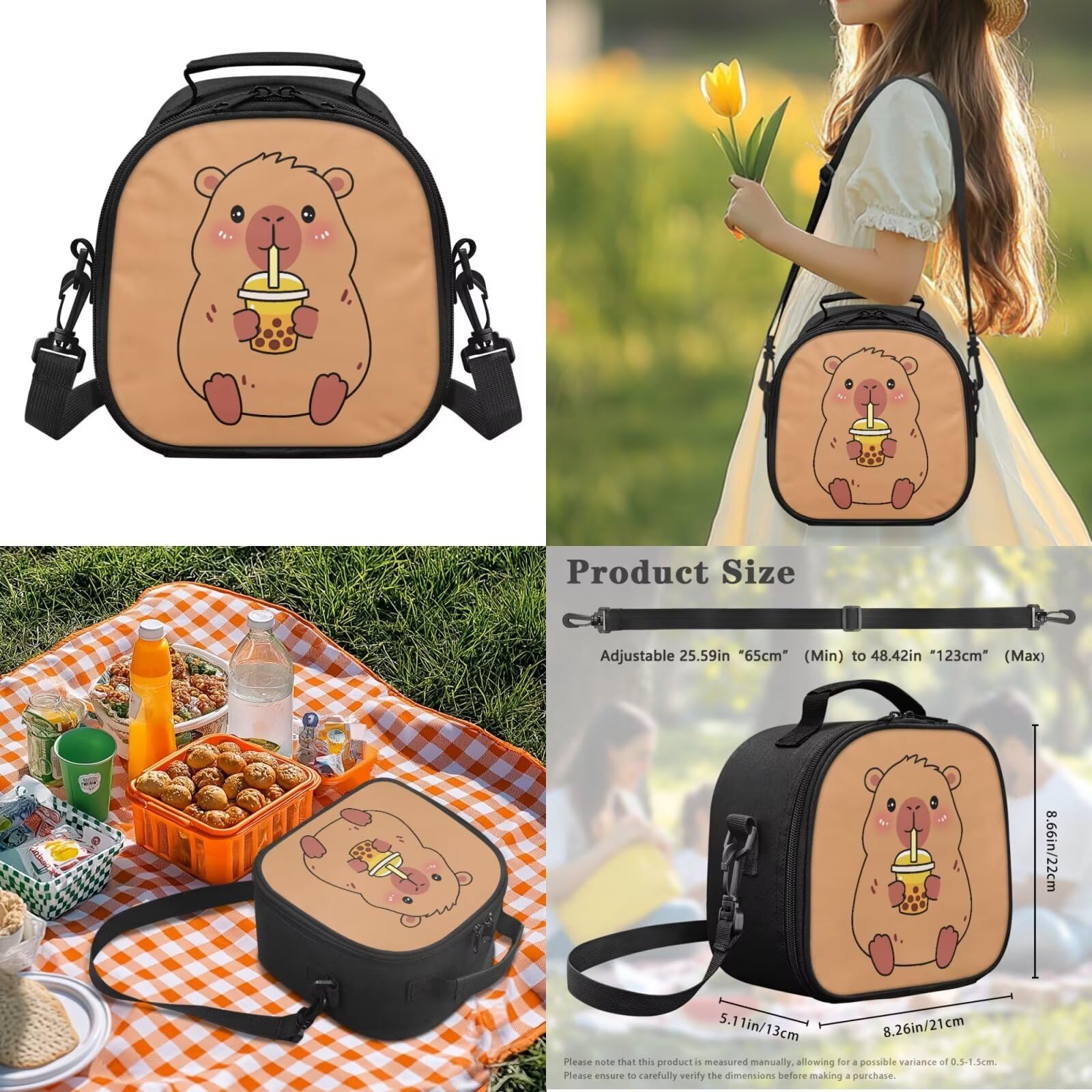 Howilath Mochila De Niña - Set zaino e portapranzo per bambine dai 6 agli 8 anni, 8-10 anni, 10-12 anni, 4 pezzi, con astuccio, custodia per bottiglia d'acqua, Capybara Bere Bubble Tea, L, Classico