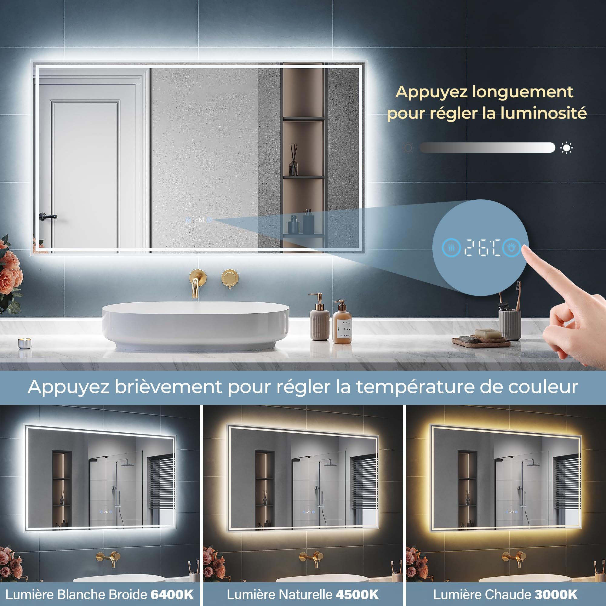 SIRHONA Miroir LED Salle de Bain Bluetooth 120x70cm Miroir Lumineux Salle de Bain avec Eclairage Intégré, Anti-buée, Affichage de L'heure et Température