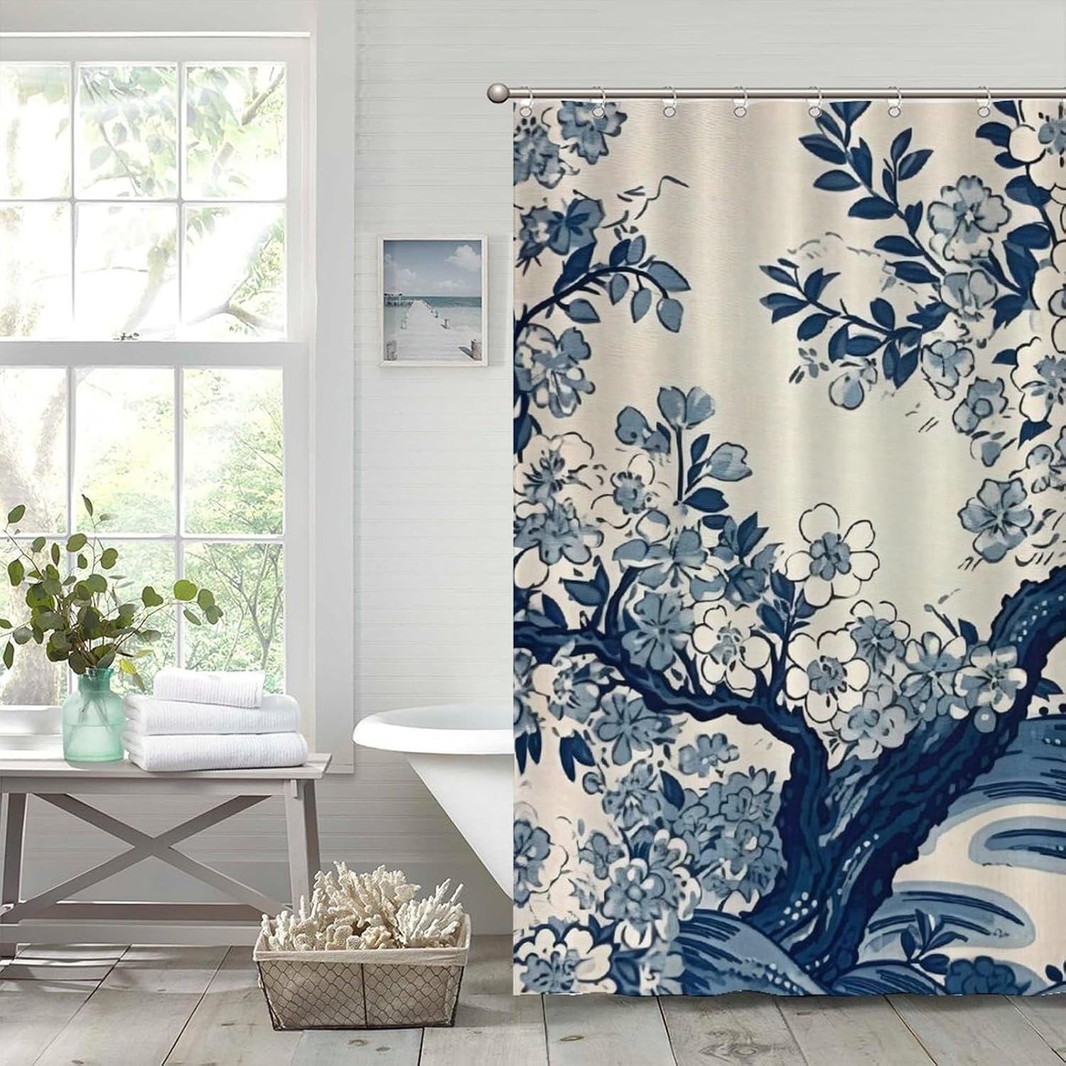 Bathroom Shower Curtain Set Chinese Style Chinoiserie Blue and White Porcelain Floral Fabric Shower Curtain Liner Waterproof Bathtub Decor with Hooks Decoration for Bathroom 72x92in
