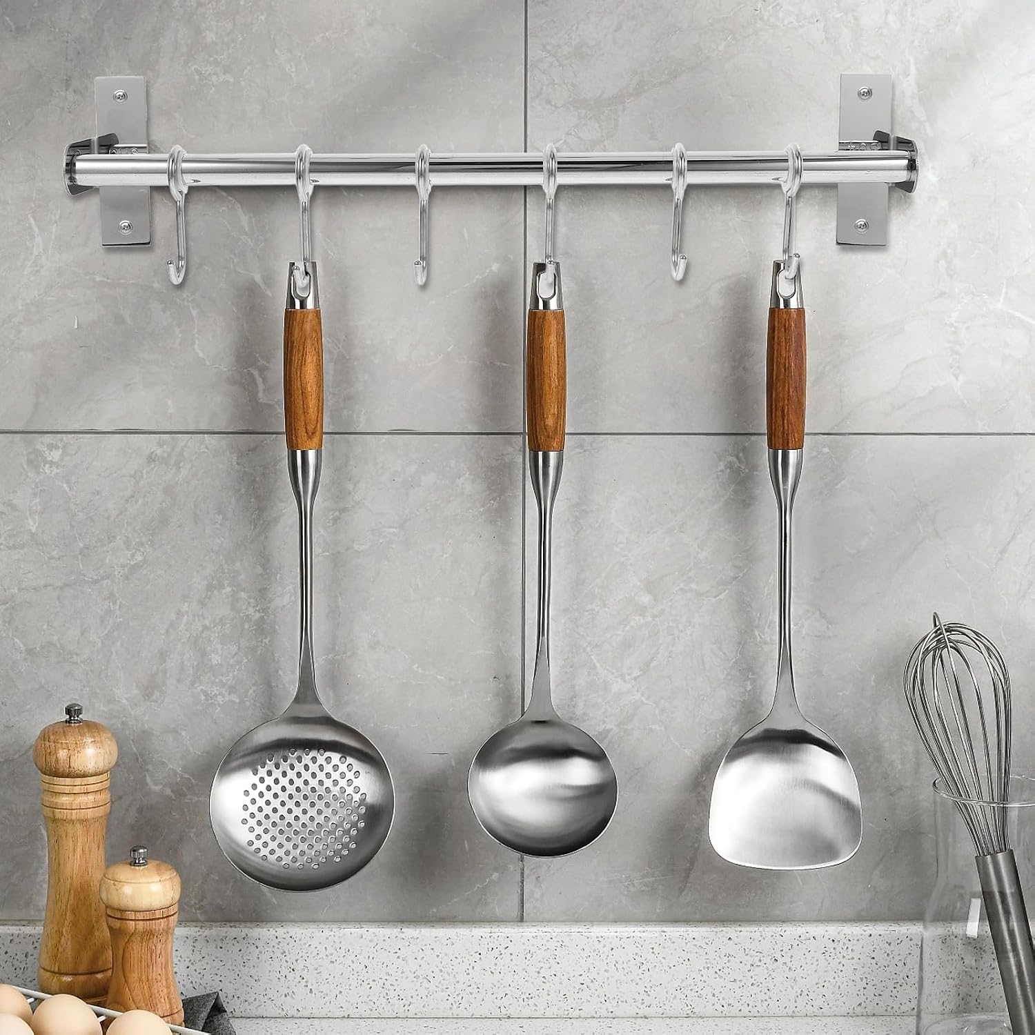Stainless Steel No-Punch Wall Hanger Kitchen Hooks Rack with Strong Adhesive Hooks Multifunctional Storage Organizer for Home Bathroom Cabinet