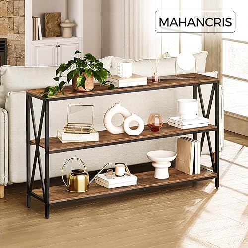 Miniatura 4 de Mesa de sofá de 55 pulgadas, mesa consola industrial, mesa auxiliar estrecha de 3 niveles con estantes abiertos, mesa de vestíbulo para entrada,