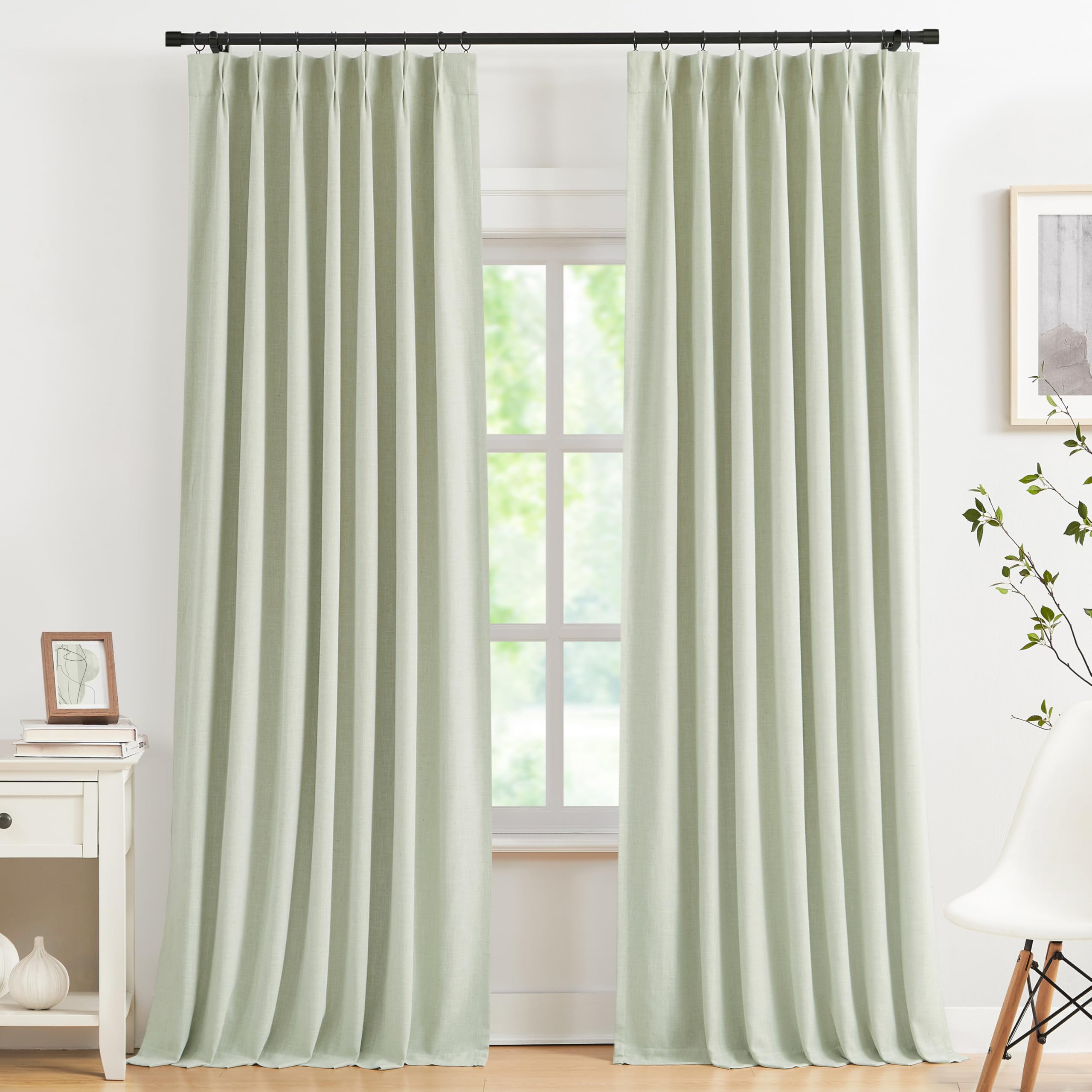 Kayne Studio Soft Green Pinch Pleated Full Blackout Curtains 102", Linen Blend Thermal Insulated Soundproof Room Darkening Back Tab Window Drapes with