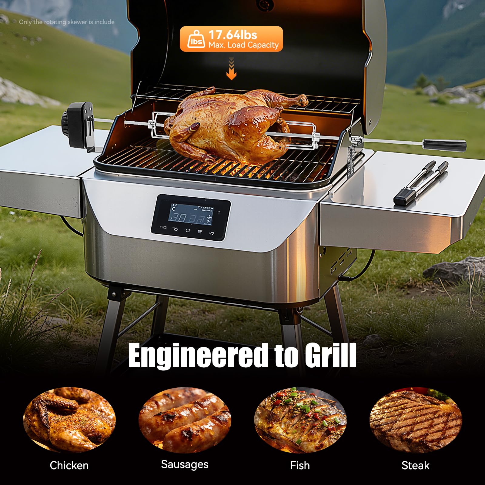 Elektryczny rożen obrotowy ze stali nierdzewnej, silnik 4 W, automatyczny obrót o 360°, na grillach gazowych, grillach na węgiel drzewny i grillach elektrycznych, obciążenie 5-8 kg, 10 x 6 x