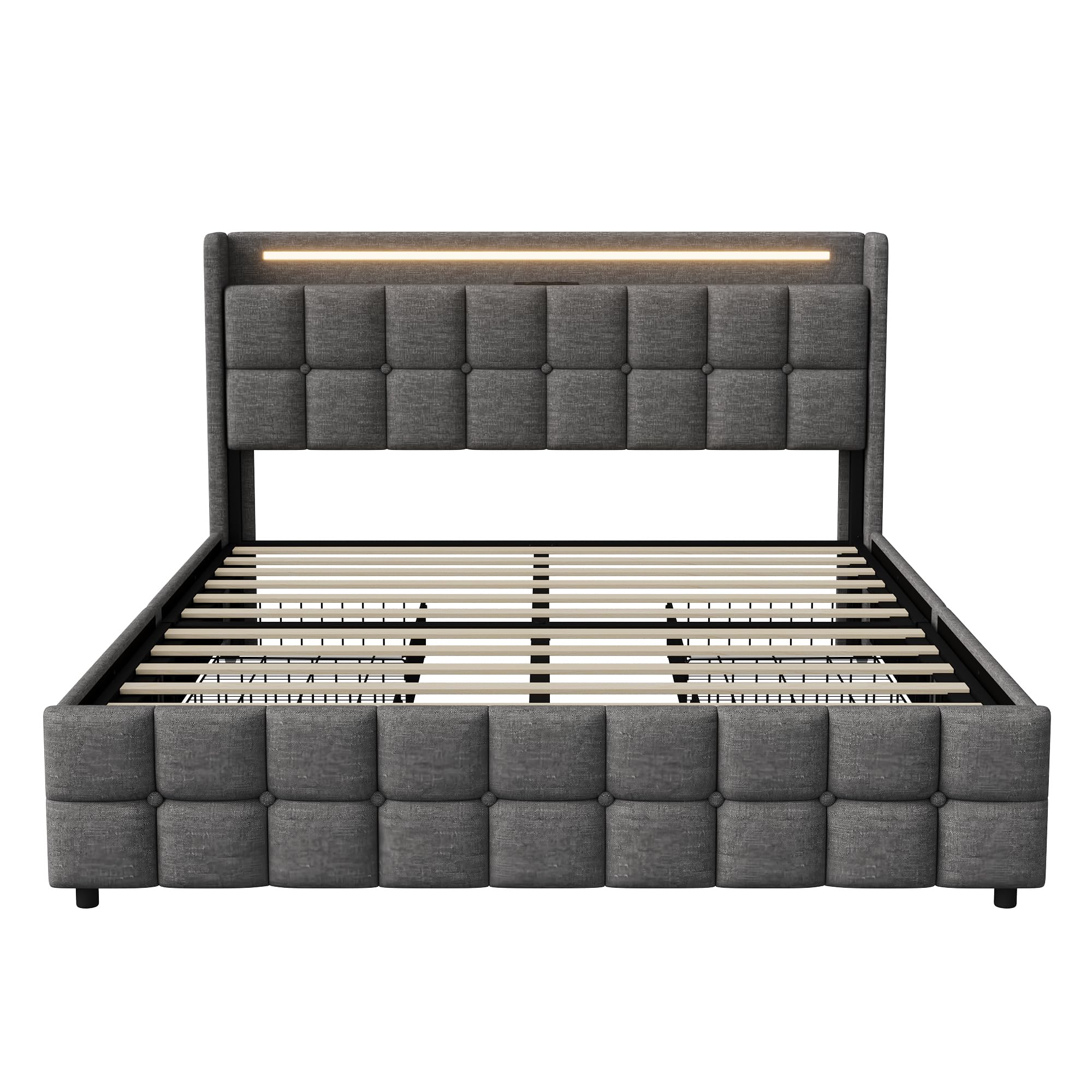 CDQL Letto imbottito 160 x 200 cm con 4 cassetti, letto matrimoniale con illuminazione a LED e porta USB, struttura del letto con rete a doghe, letto per ragazzi, letto degli ospiti, in lino, grigio
