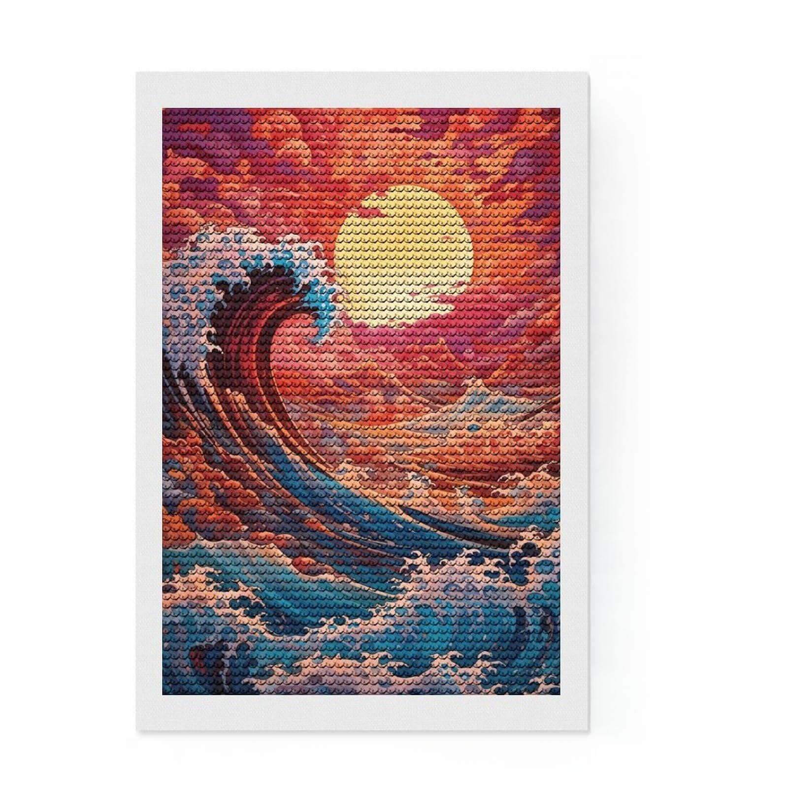 Junmoney The Great Wave Kanagawa 5D Diamond Painting Kit 8"x12", Round Gems, Aesthetic Room Decor, Seasonal Gift Choice, Gift Idea, Leisure Activity