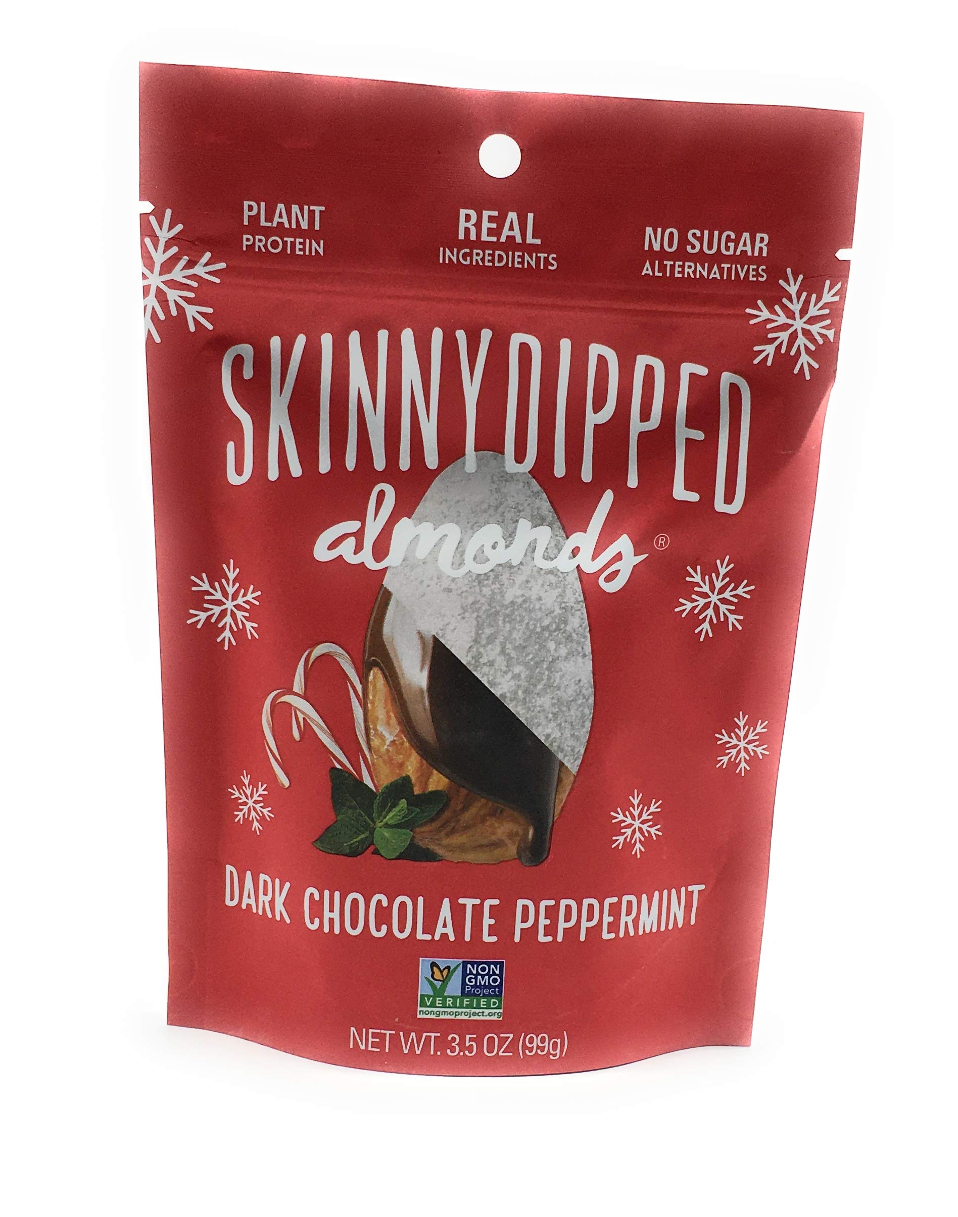 SKINNYDIPPEDDark Chocolate Peppermint Almonds, Healthy Snack, Plant Protein, Gluten Free, 3.5 oz Resealable Bag, Pack of 1