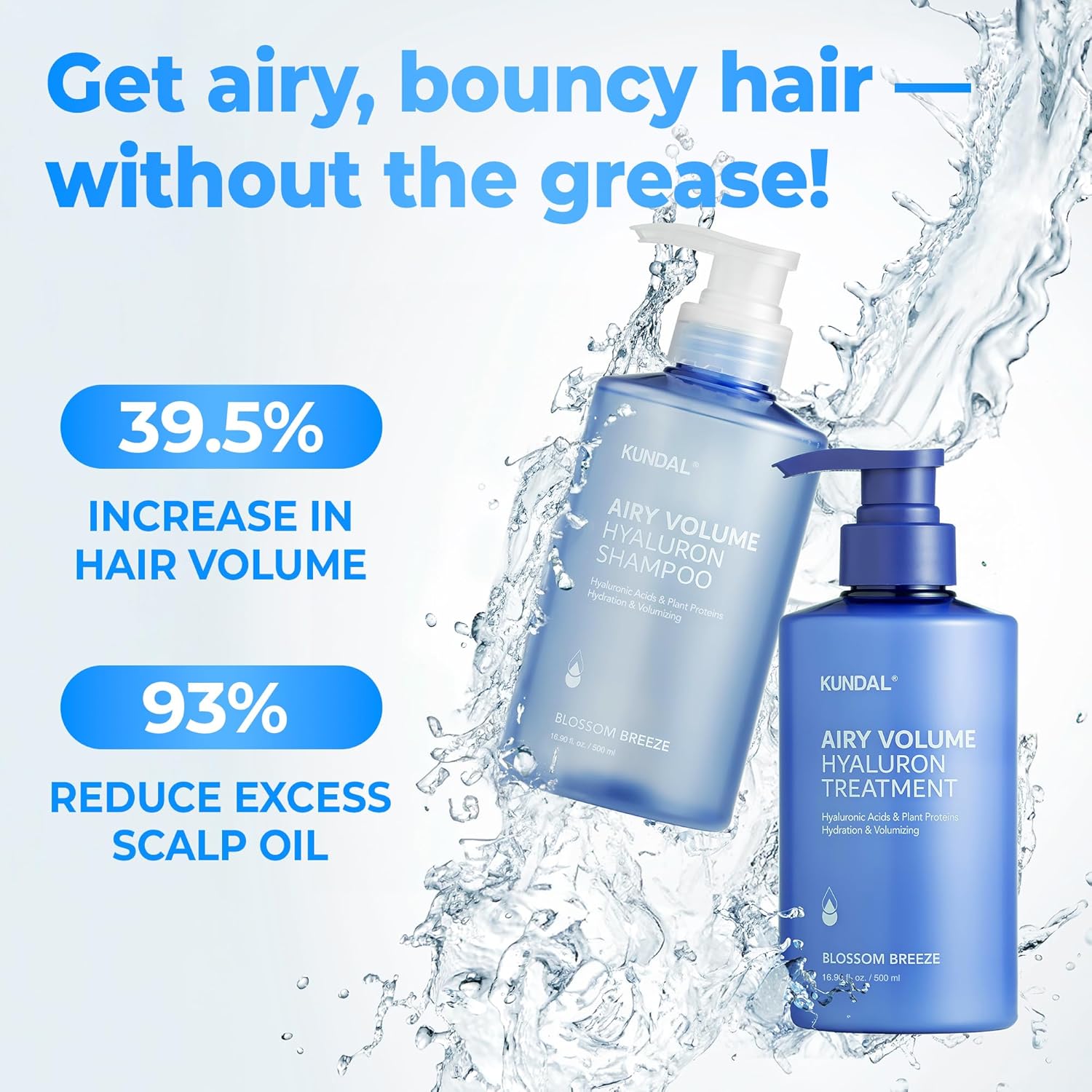 KUNDAL Hyaluronic acid Airy Volume Shampoo and Treatment Set - [Blossom Breeze] Hair Roots Volumizing, Scalp Moisture Balance, Refreshing Aroma, Korean Hair care, For all hair types, 16.90 fl. oz each