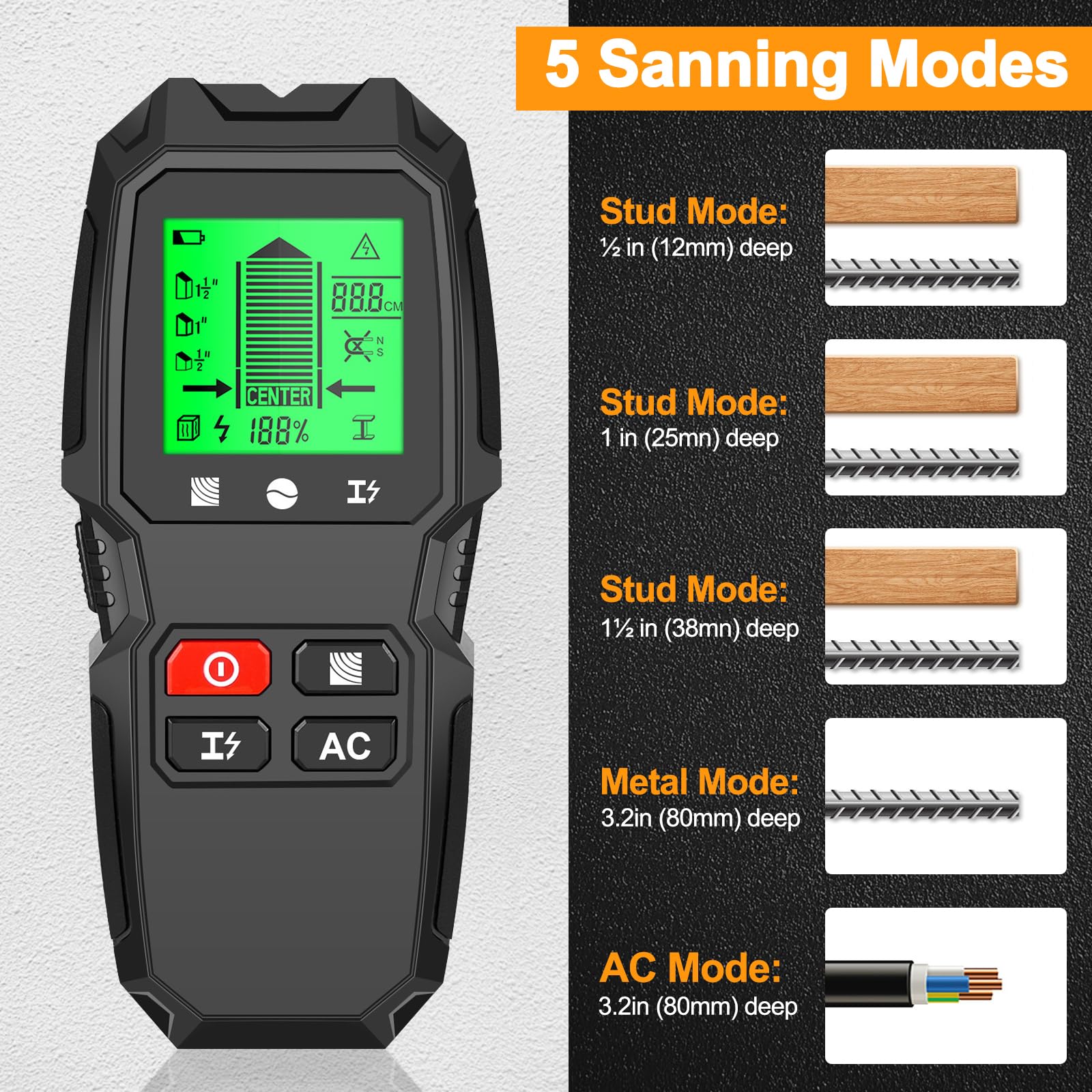 Stud Finder Wall Scanner,WOVTE 7 in 1 Electronic Stud Finder Detector, Audio Alarm and HD LCD Display for Wood AC Wire - Image 3