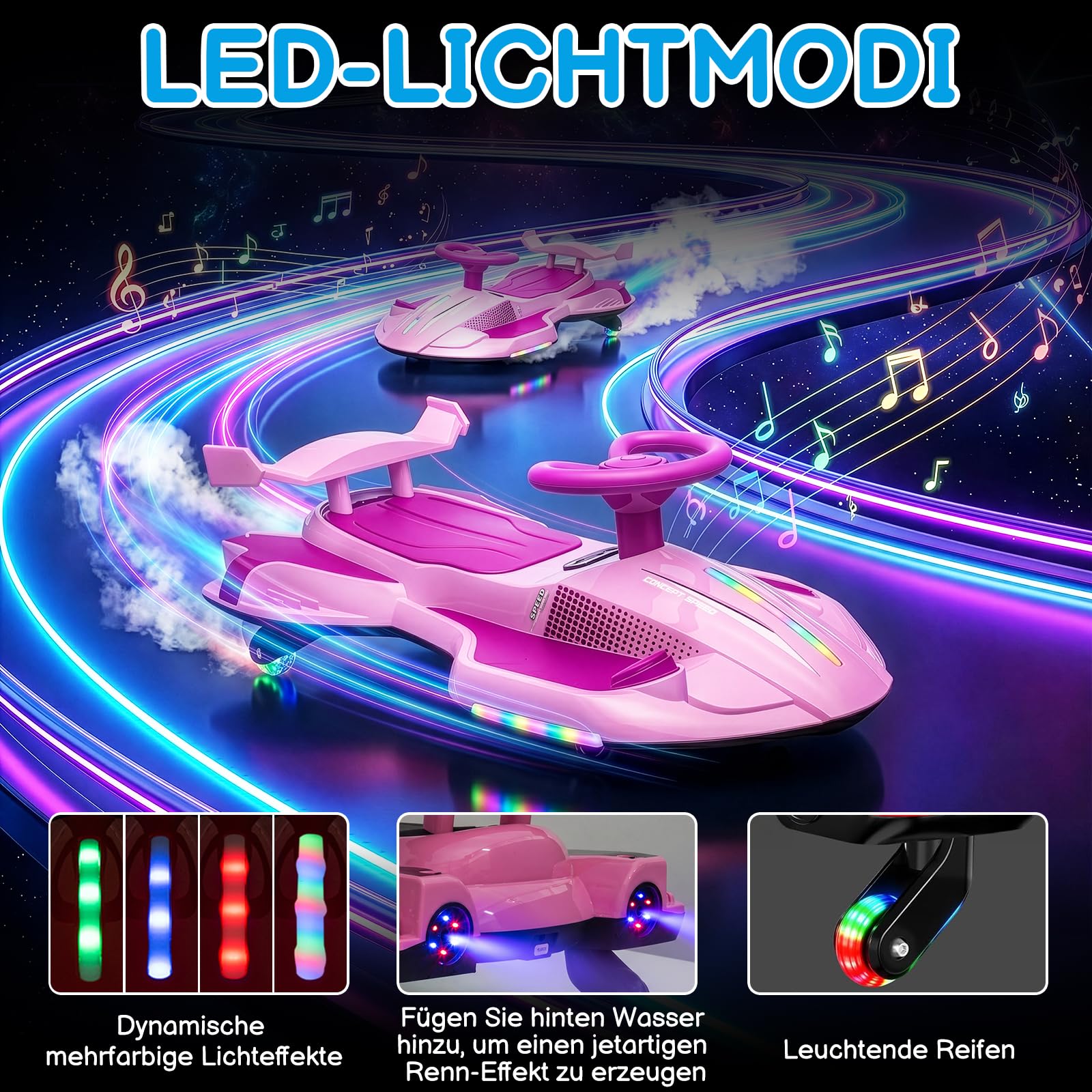 LALAHO Kinder Elektroauto, 2-in-1 Elektrisches Rutschauto mit Pedal,Wiggle Car mit Pedal,LED-Lichter,360° Lenkung,2 Geschwindigkeit Kippschutz Leuchtende Räder,für Kind ab 3 Jahren (Rosa-Lila)
