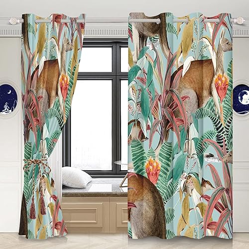 Vista 16 de Yeele Cortinas de 21 x 45 pulgadas para niños, diseño de animales de safari con ojales, estampado de selva de dibujos animados, aislamiento térmico