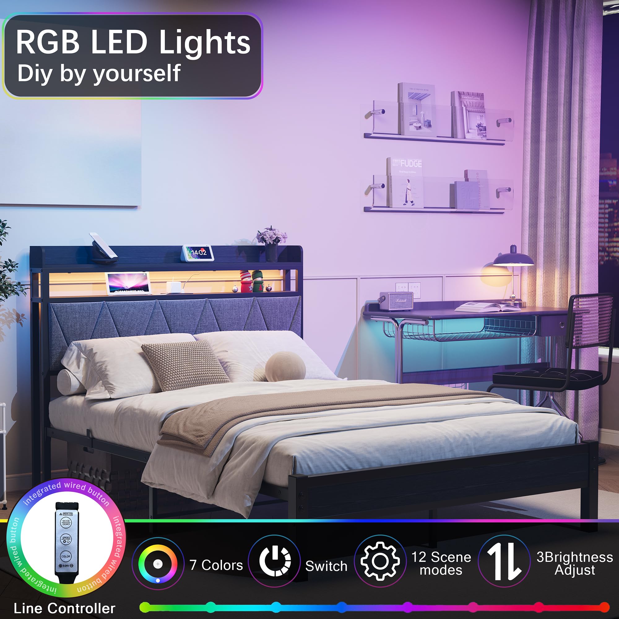 Telaio letto da 120 x 200 cm con testiera imbottita in legno con due ripiani, stazione di ricarica, luci a LED, telaio in metallo robusto, non è necessaria alcuna rete imbottita