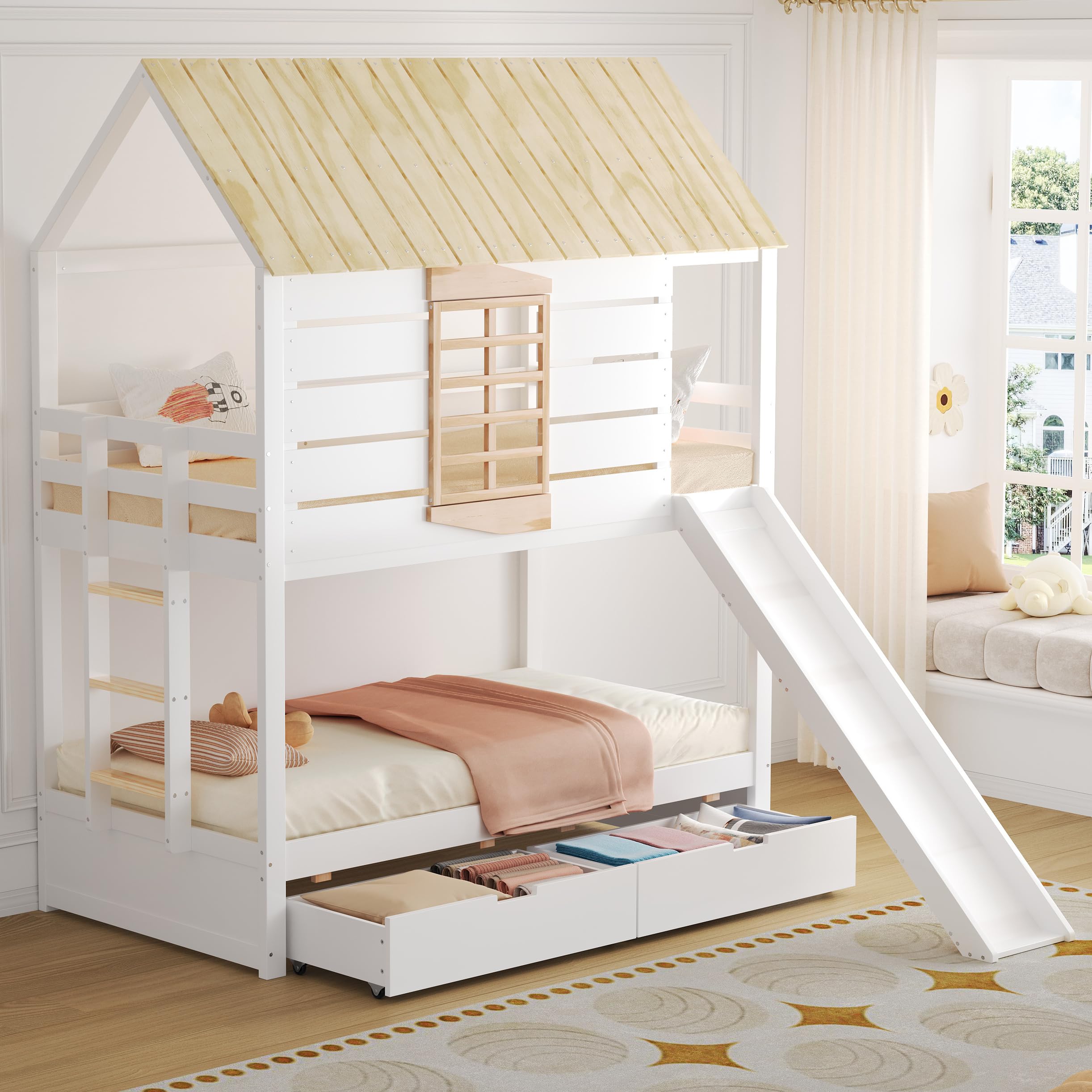 Letto a soppalco basso con scivolo, letto a soppalco con scivolo, 90x200 letto singolo con 2 cassetti, scala e protezione dalle cadute, senza materasso (bianco+naturale)