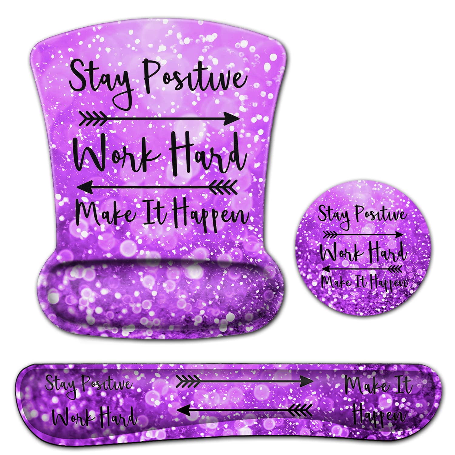 Mouse Pad with Wrist Support, Ergonomic Gel Mousepad Memory Foam Keyboard Wrist Rest Suitable for Office Typing,Games Desktop Decoration Stay Positive Work Hard and Purple Glitter Graphic for Women