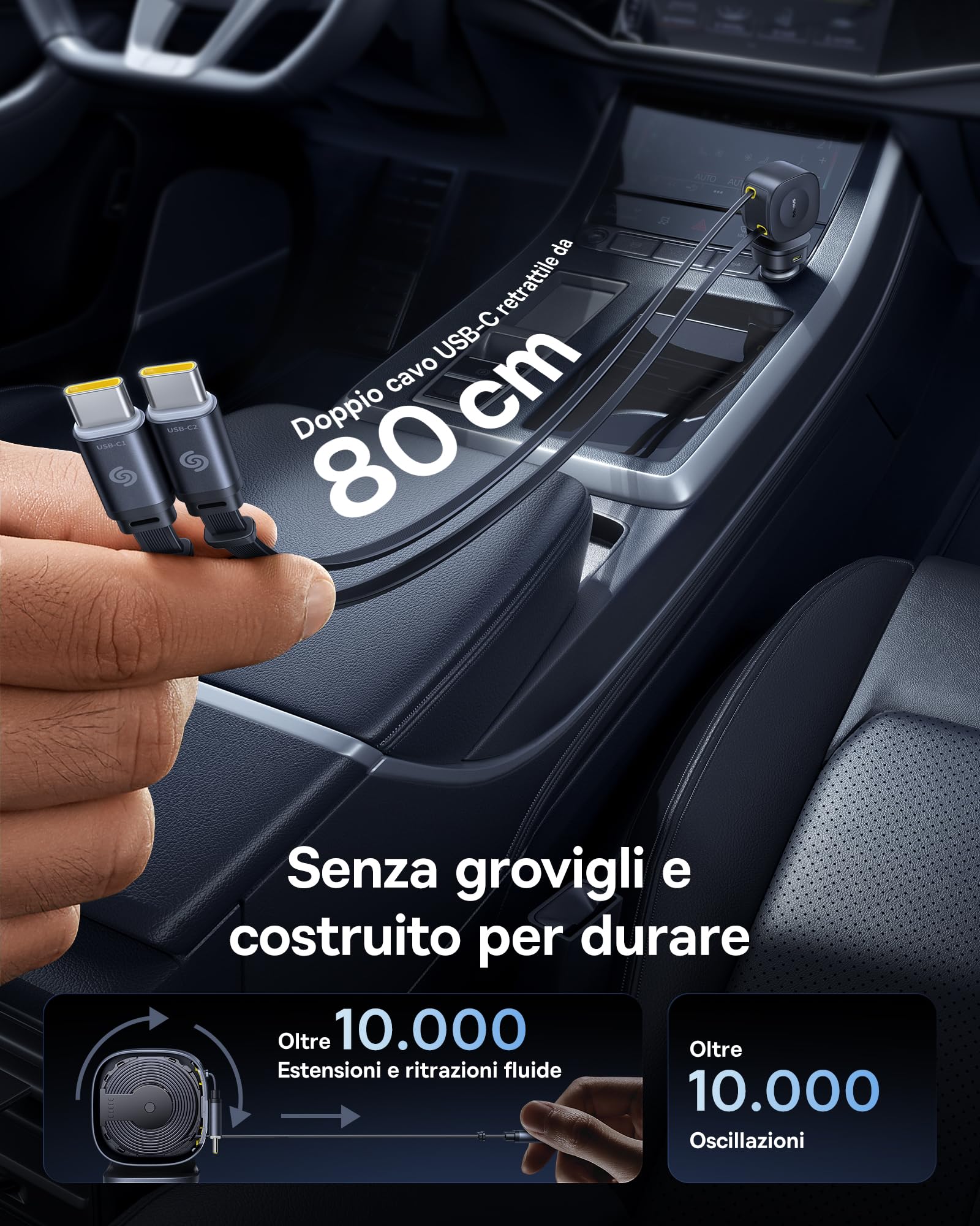 Baseus Caricatore Auto Retrattile 163W, Adattatore di Ricarica Rapida 4 Porte USB-C/USB con Doppio Cavo 67W Integrato, Regolabile a 450°, Caricatore Compatto per Laptop, Tablet, Smartphone