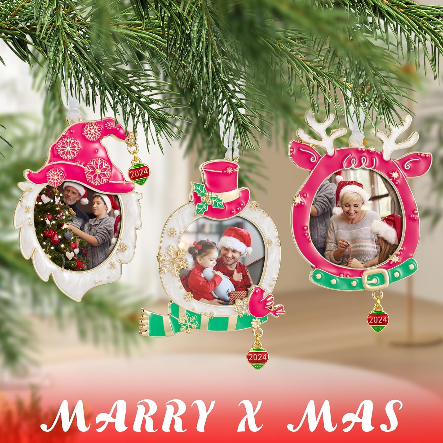 West style 2024 Snowflake Christmas Tree Ornaments Set 3 Pieces-Metallic Picture Frame Ornament Hanging Home Deco Gnomes Reindeer Hanging Pendant Holiday Keepsake Gift (Pink & Golden)
