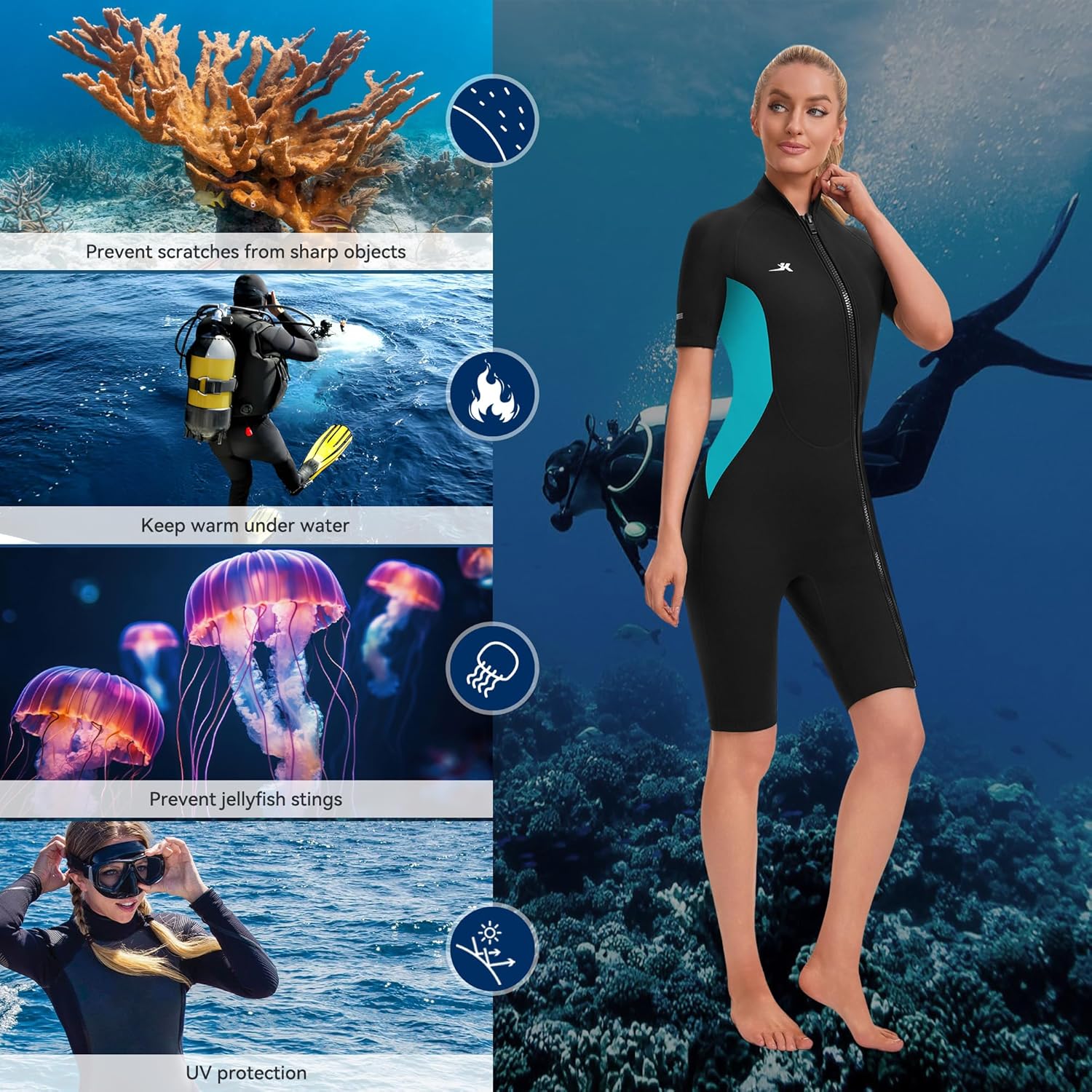 2mm Shorty Wetsuit Womens Front Zip Neoprene Diving Suit for Swimming Surfing Diving