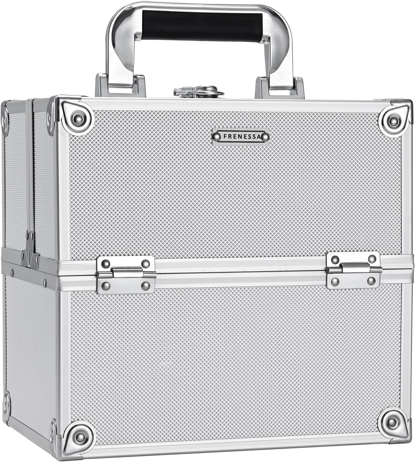FRENESSA Makeup Train Case Makeup Organizer Box Portable Cosmetic Travel Case with Lock 4 Trays Aluminum Hard Vanity Box Make Up Artist Nail Beauty Storage Organizer Cosmetic Suitcase Bright Silver