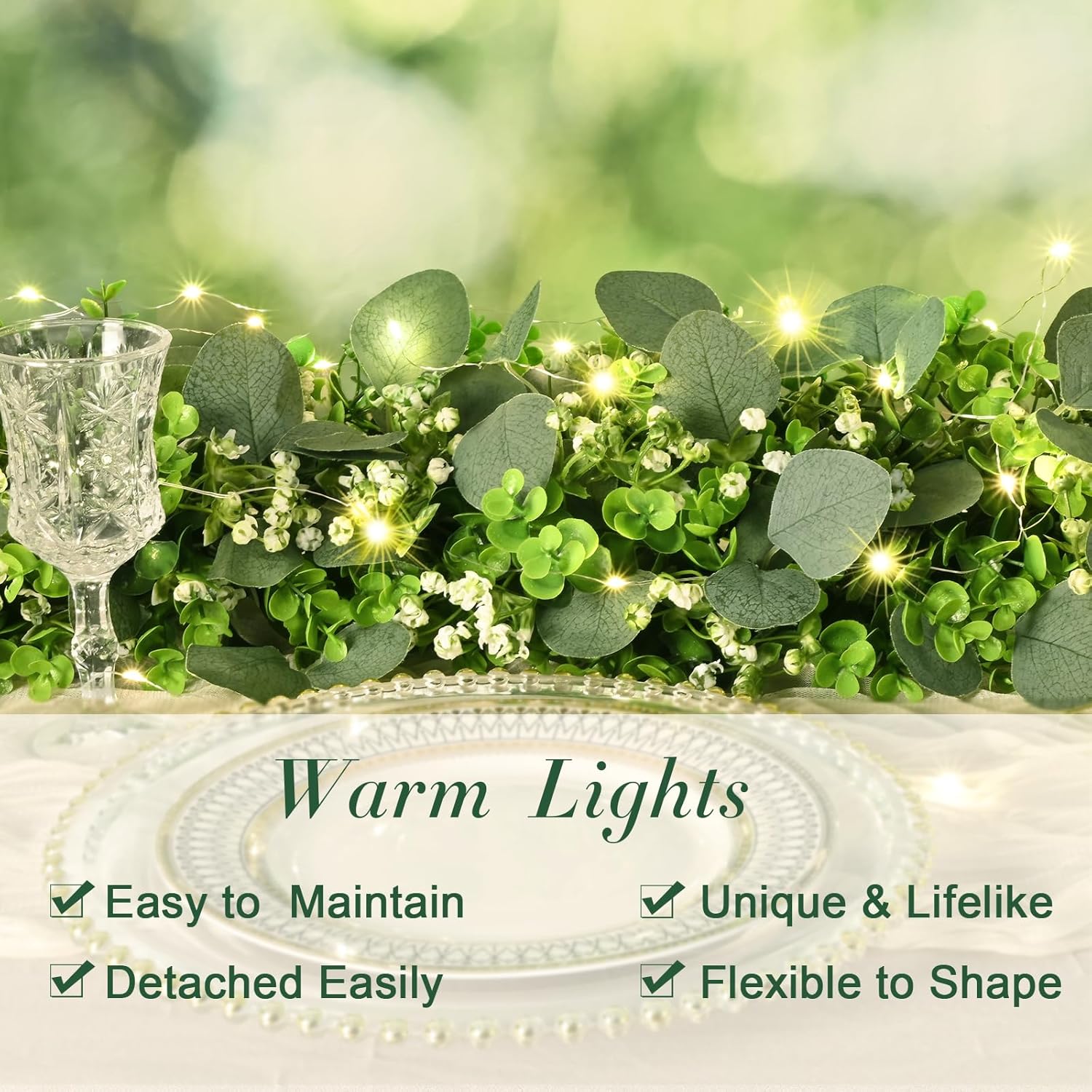2Pcs Eucalyptus Garland with Lights, Greenery Garland, Green Garland with Flowers, 5.9FT Artificial Faux Eucalyptus Leaves Vines for Table Mantle Home Wedding Party Indoor Outdoor Decor - Image 2