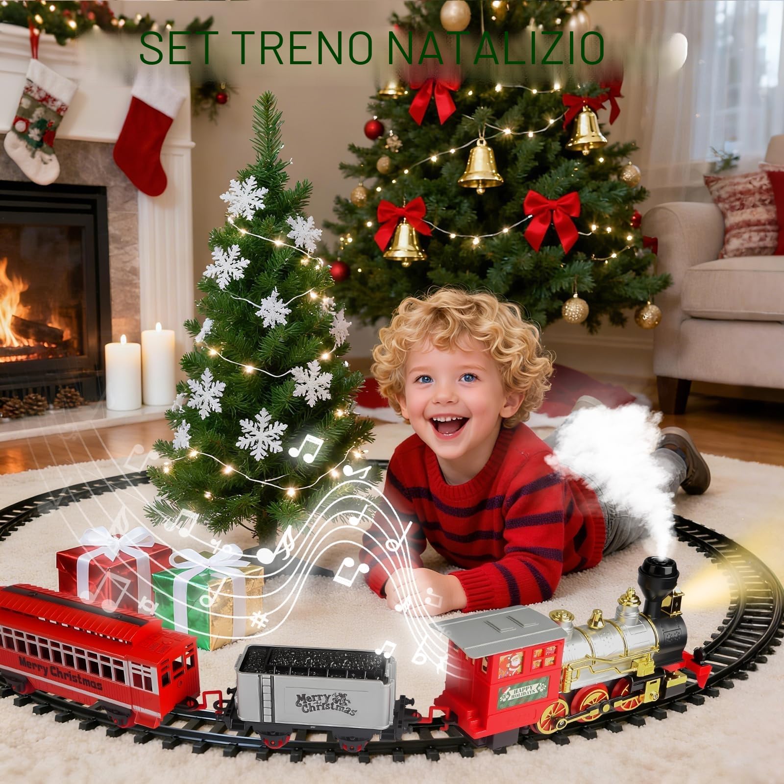 Treno Elettrico per Bambini con Fumo, Luci e Suoni - Set Treno a Vapore Giocattolo per Ragazze Ragazzi di 3 4 5 6 Anni - Regalo di Natale Perfetto