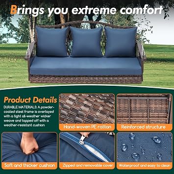 ZZW Upgraded Wicker Hanging Porch Swing Heavy Duty 900 LBS 3-Seat Outdoor Patio Swing Chair Bench for Adult w/ 8.9ft Hanging Chains Cushions and Cup Holder