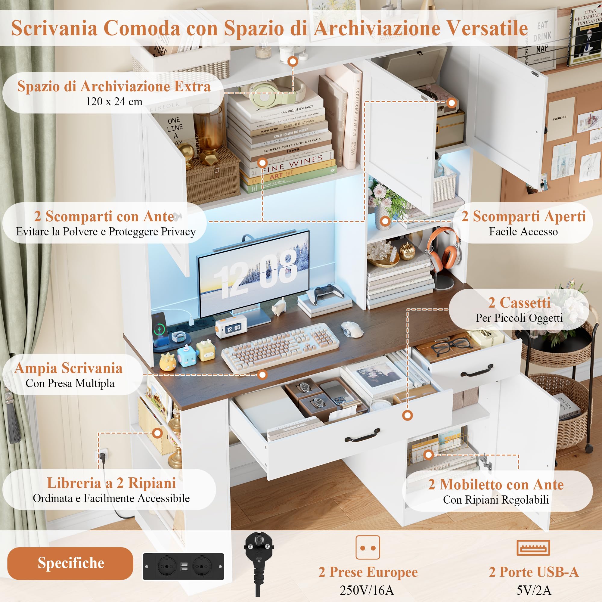 FirFurd 180cm Scrivania con Cassetti, Scrivania Gaming con Luci a LED e Prese, Scrivanie con 3 Ante, con Libreria a 2 Ripiani, Ripiani Regolabile, per Studio, Ufficio, Cameretta, 120x50x180cm, Bianco