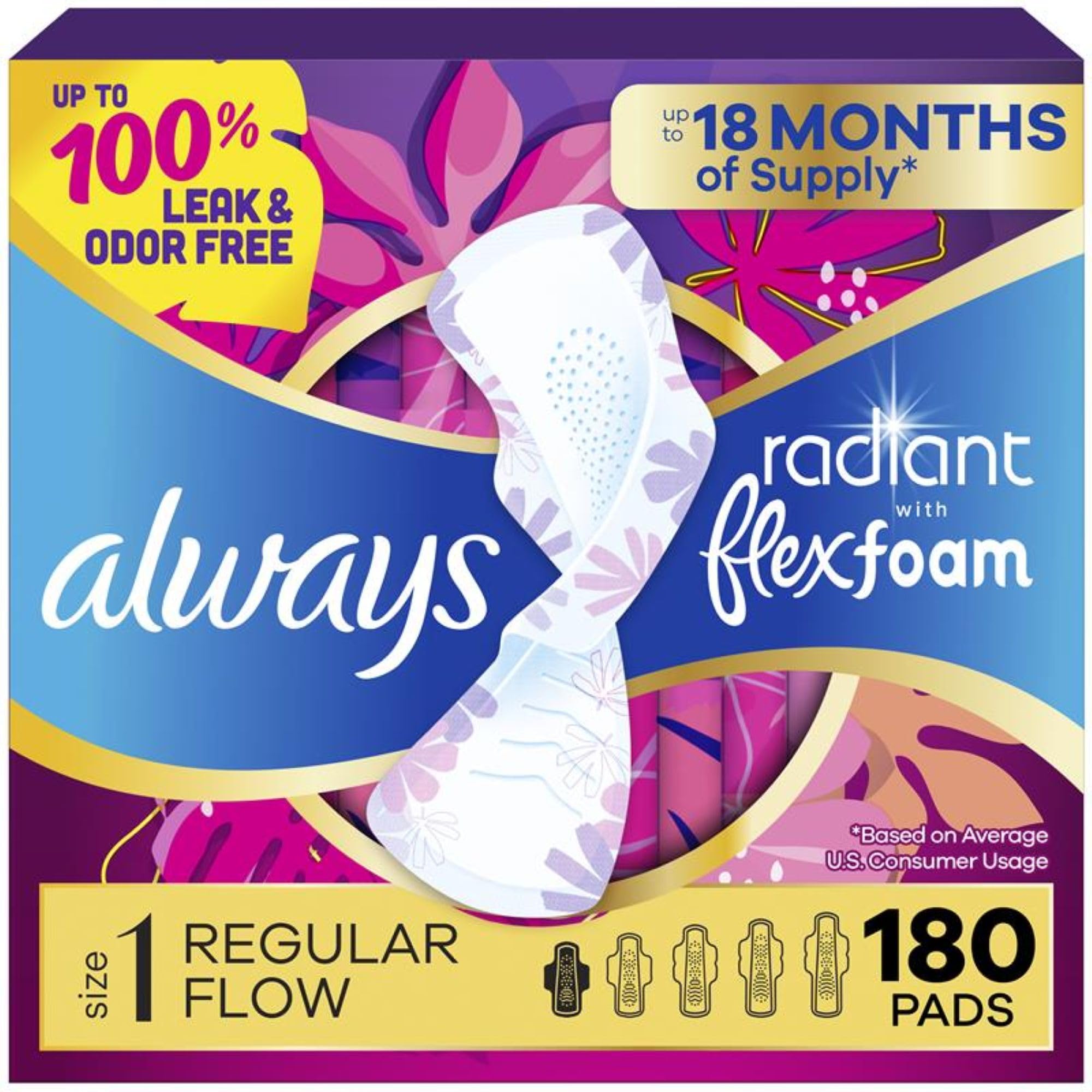 Always Radiant Feminine Pads for Women, Flexfoam Pads with Wings, Size 1, Regular Absorbency, Lightly Scented, 180 Count (6 Packs of 30)