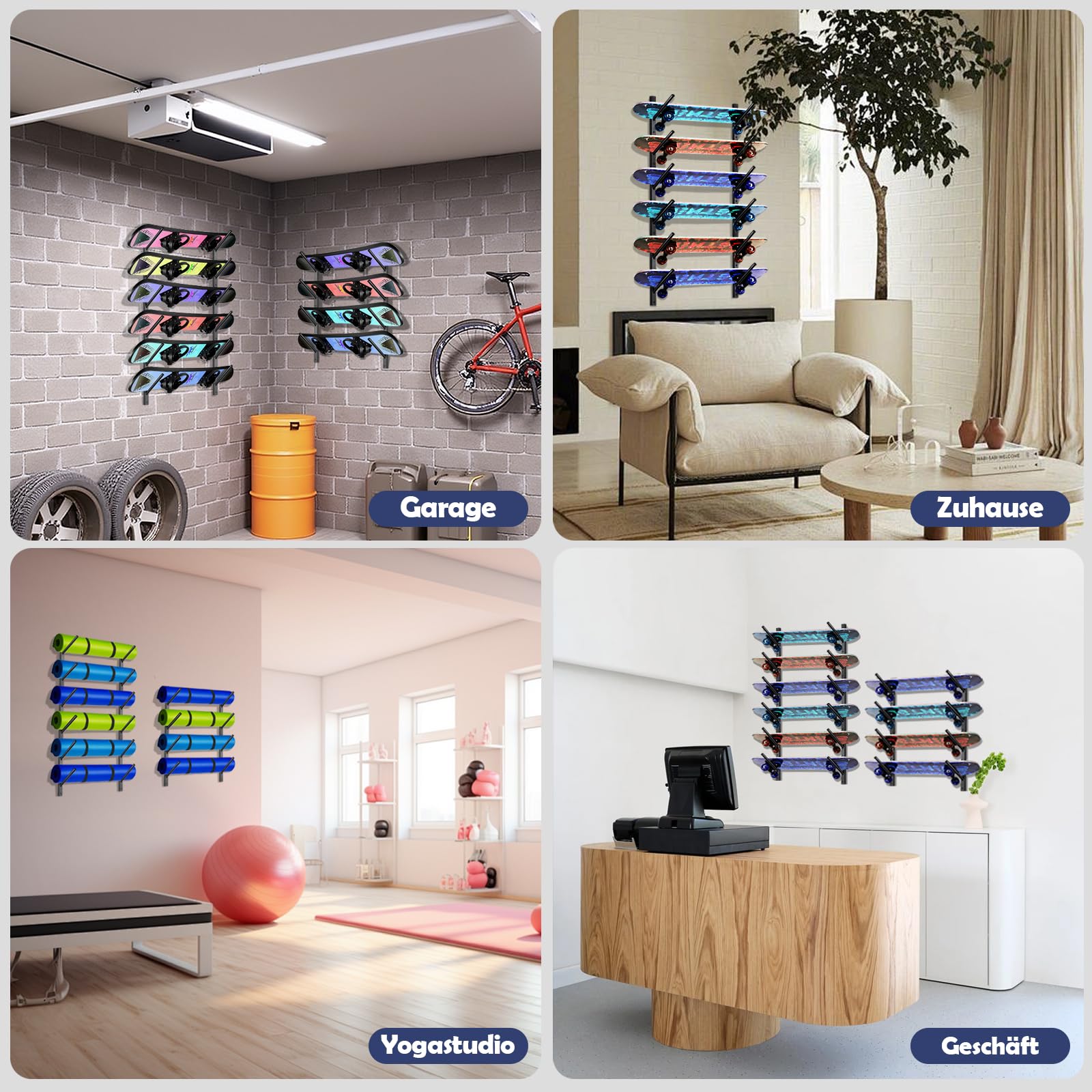 Skateboard Wandhalterung, Skateboard Halterung, Snowboard Wandhalterung, Snowboard Halterung Wand, Ski Wandhalterung – 6-Stockige Halterung, Abnehmbar oder Kombinierbar