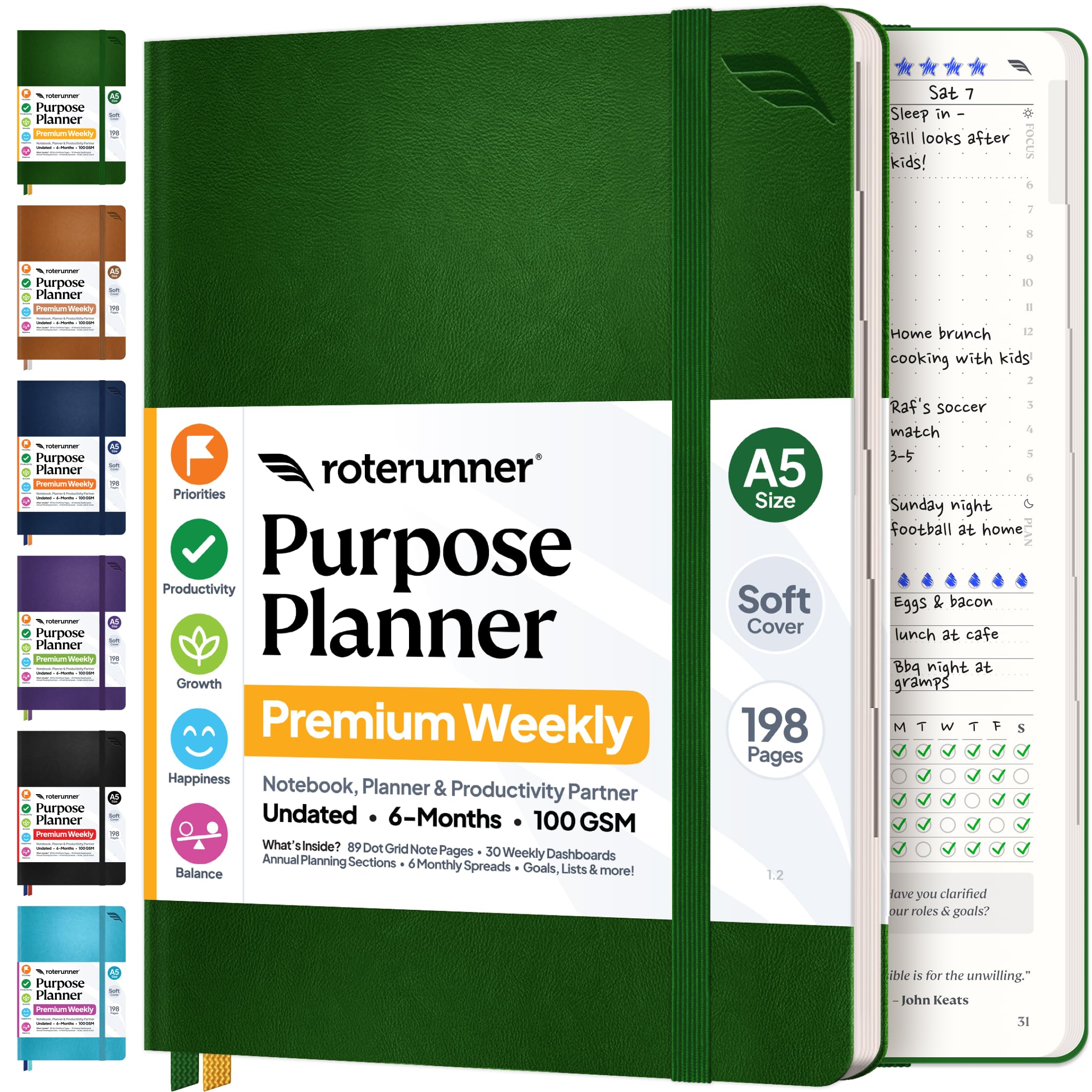 Roterunner Purpose Planner Notebook A5 Undated Daily, Weekly & Monthly Planner, Green Softcover