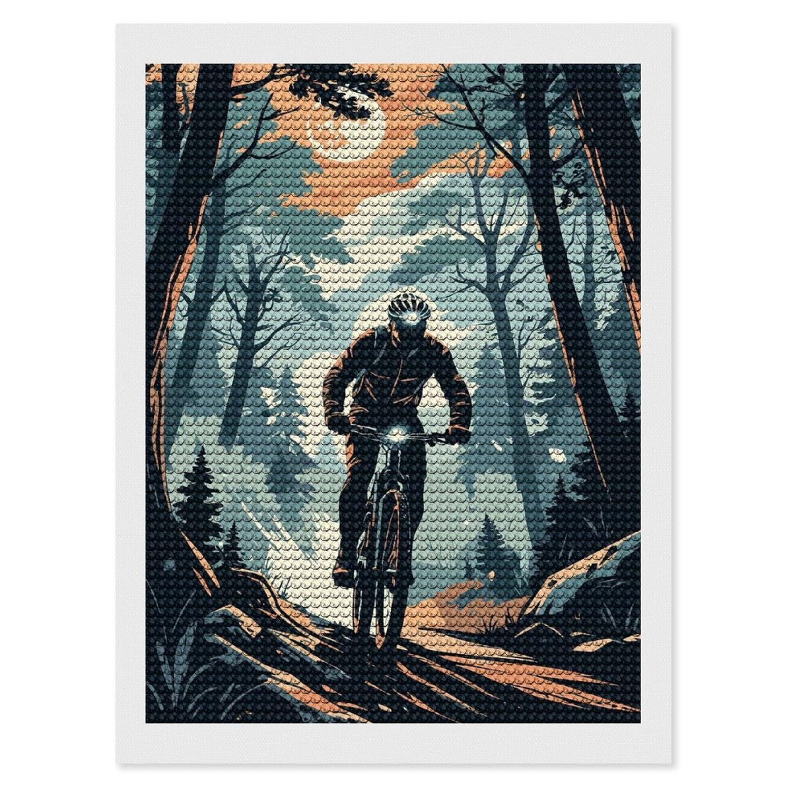 Junmoney Mountain Biker in Forest Illustration Diamond Painting Canvas Kit 12"x16", Round Gems, Living Room Decor, Seasonal Gift Choice, Modern Decor
