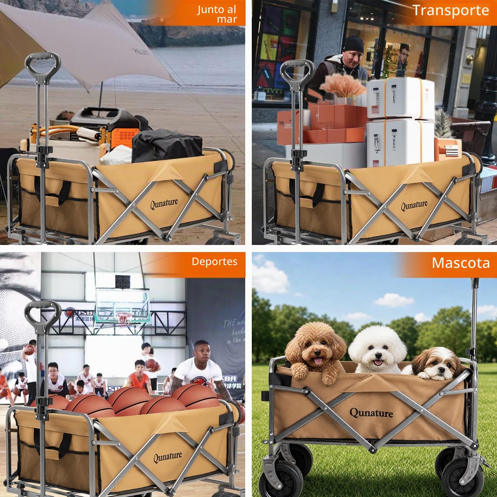 Carro de Mano Plegable 180 L con Ruedas Grandes y Freno, Manija Ajustable, Bolsillos, Carrito Transporte Carga hasta 150 kg para Jardín, Camping, Playa, Picnic y Compras