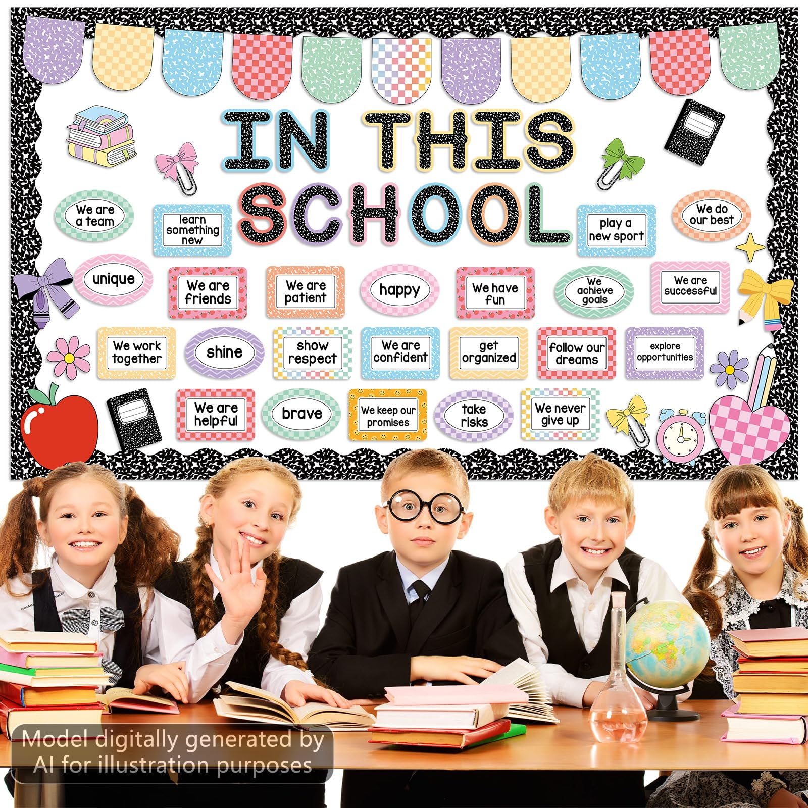 In This School - Tablero de anuncios motivacional para decoración de aula, estación de afirmación, composición tablón de anuncios inspirador positivo para volver a la escuela, recortes para el aula