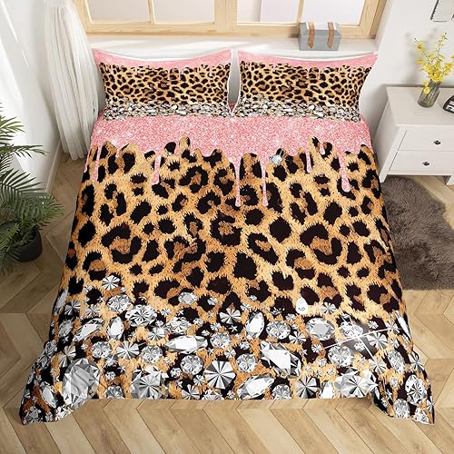 Manfei Juego de funda de edredón de leopardo marrón, tamaño matrimonial, juego de ropa de cama de 3 piezas con purpurina rosa para decoración de