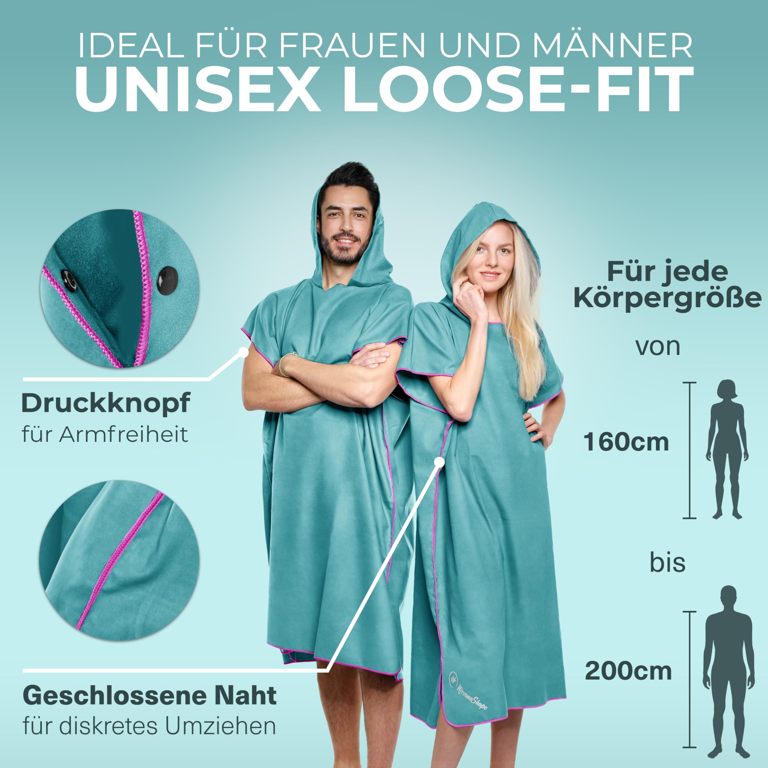 NirvanaShape Handtuch-Poncho für Erwachsene, Umziehhilfe & Handtuch zugleich, Surf-Poncho mit Quick-Dry Funktion, Ideal auf Reisen zum Surfen, Camping, Sauna, Schnorcheln, Strand